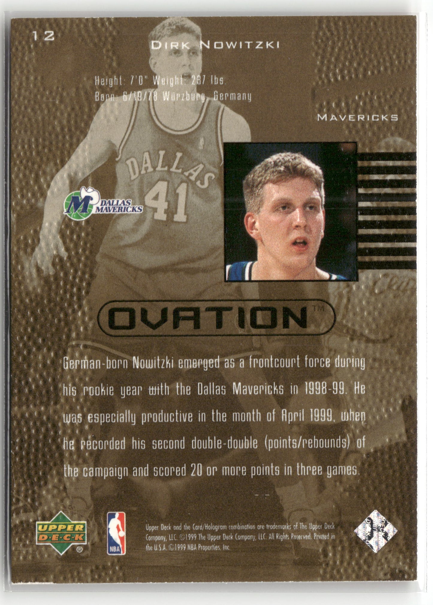 Basketball NBA Dirk Nowitzki 1999-00 Upper Deck Ovation #12 Dallas Mavericks Trading Card Original