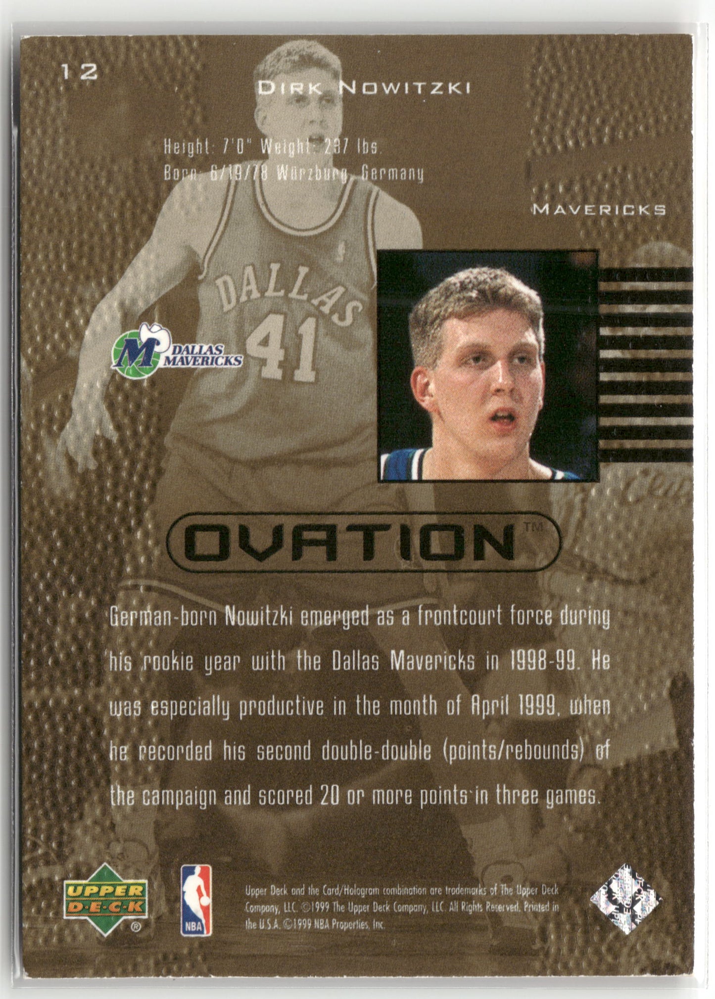 Basketball NBA Dirk Nowitzki 1999-00 Upper Deck Ovation #12 Dallas Mavericks Trading Card Original