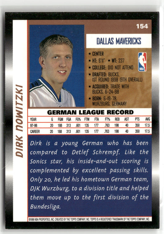 Basketball NBA Dirk Nowitzki 1998 Topps Basketball #154 Rookie Card Dallas Mavericks Rookie Card RC Trading Card Original