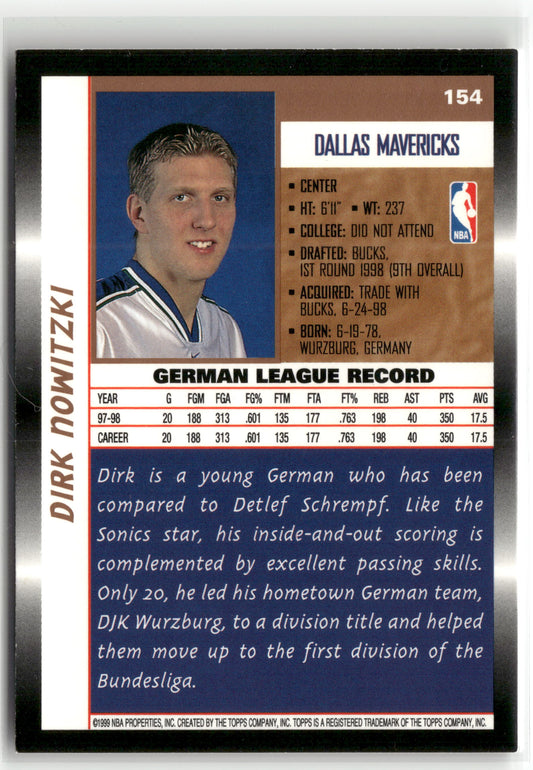 Basketball NBA Dirk Nowitzki 1998 Topps Basketball #154 Rookie Card Dallas Mavericks Rookie Card RC Trading Card Original