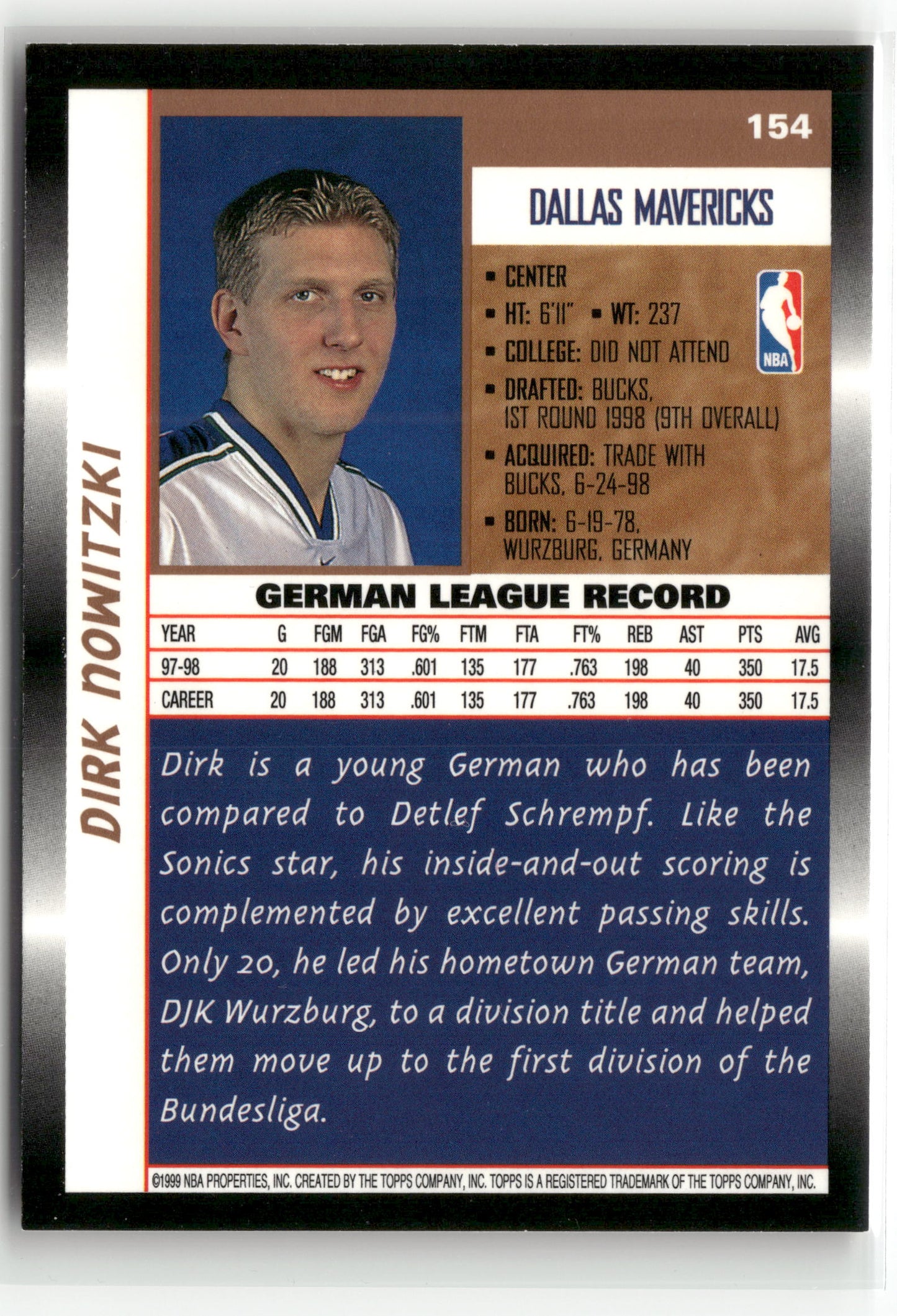 Basketball NBA Dirk Nowitzki 1998 Topps Basketball #154 Rookie Card Dallas Mavericks Rookie Card RC Trading Card Original