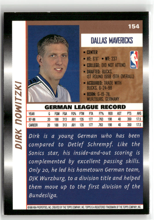 Basketball NBA Dirk Nowitzki 1998 Topps Basketball #154 Rookie Card Dallas Mavericks Rookie Card RC Trading Card Original