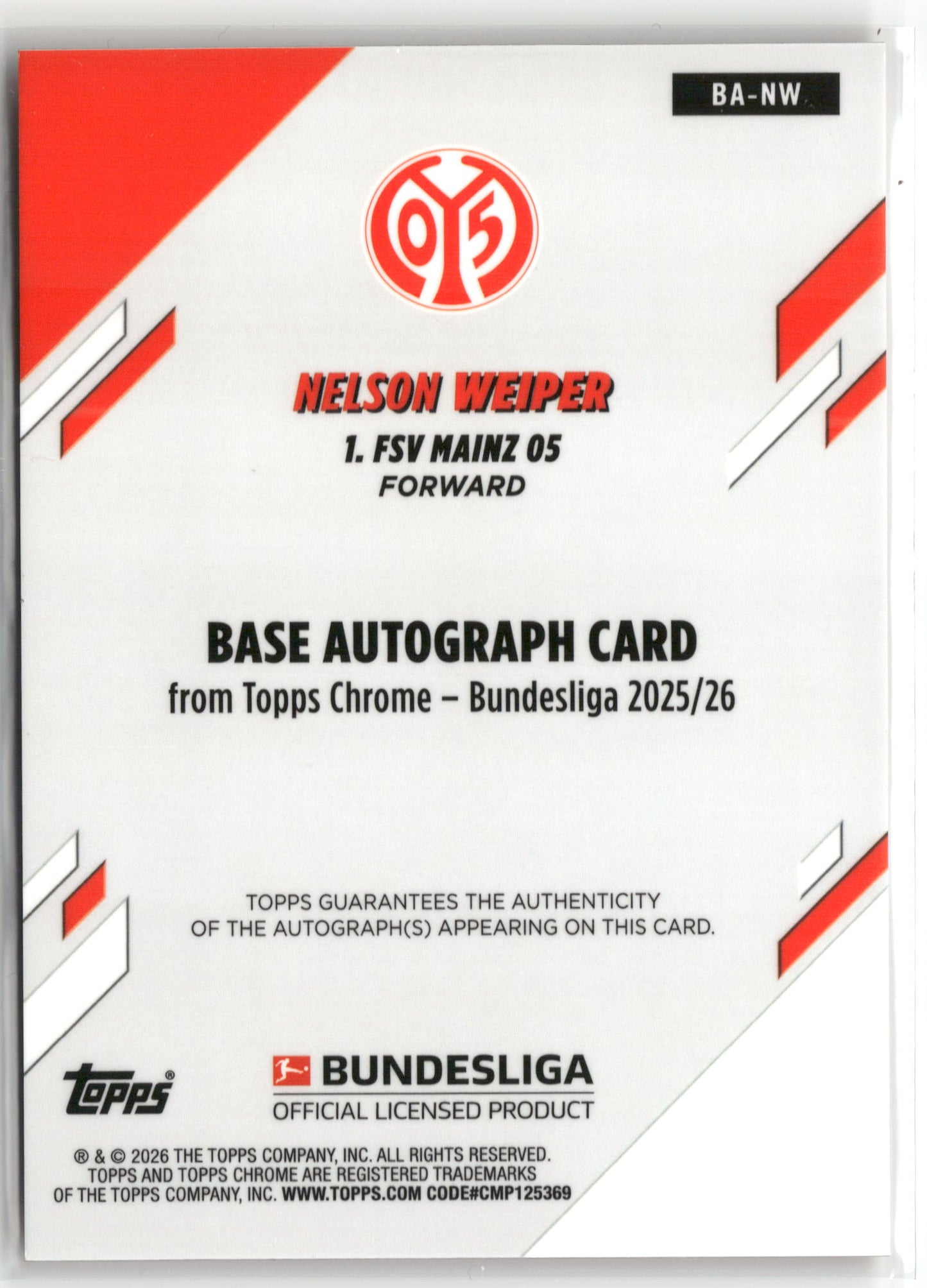 Fußball Nelson Weiper 2025-26 Topps Chrome Bundesliga #BA-NW True Orange Auto 18/25 1. FSV Mainz 05 Trading Card Original
