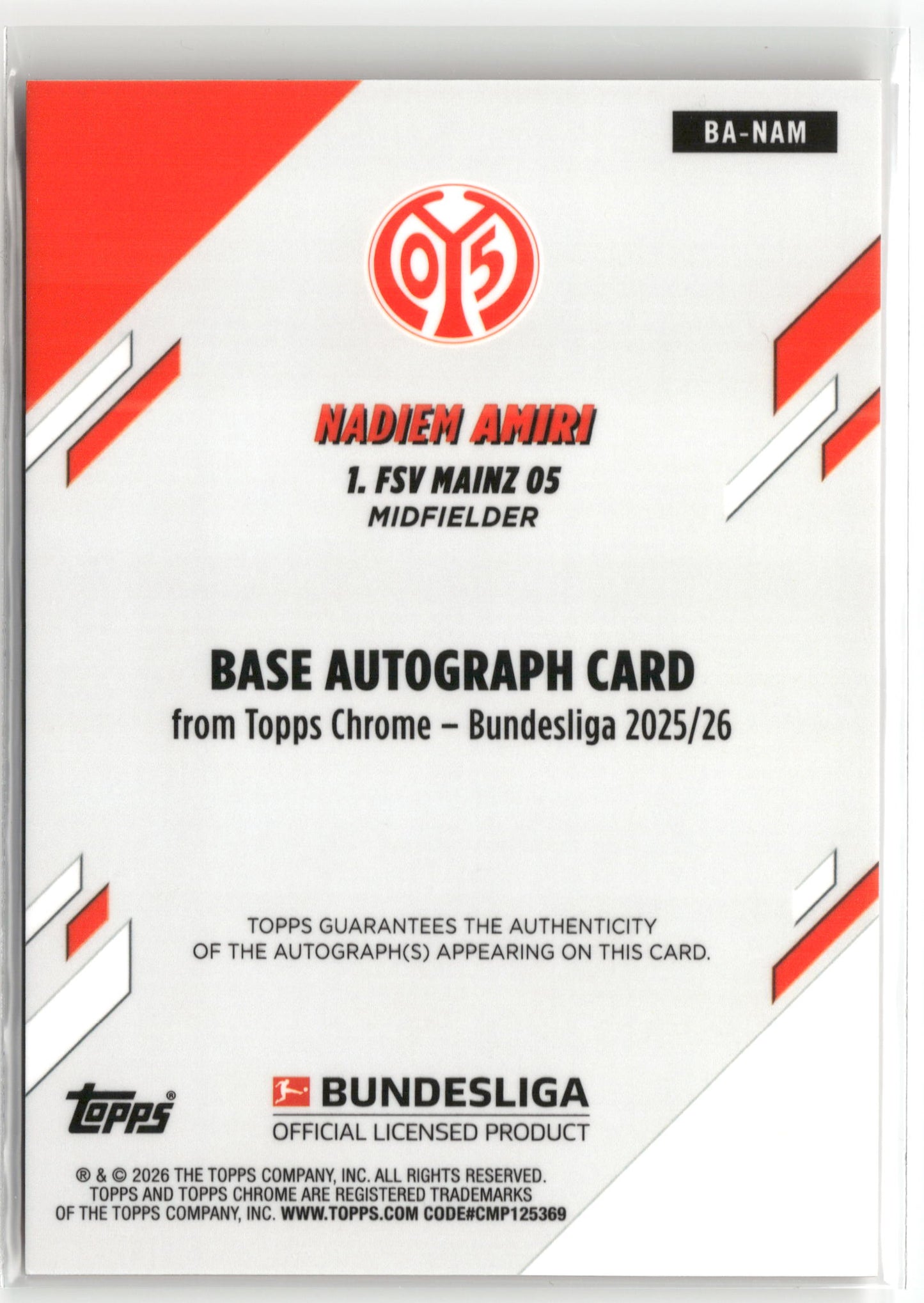 Fußball Nadiem Amiri 2025-26 Topps Chrome Bundesliga #BA-NAM True Orange Auto 14/25 1. FSV Mainz 05 Trading Card Original