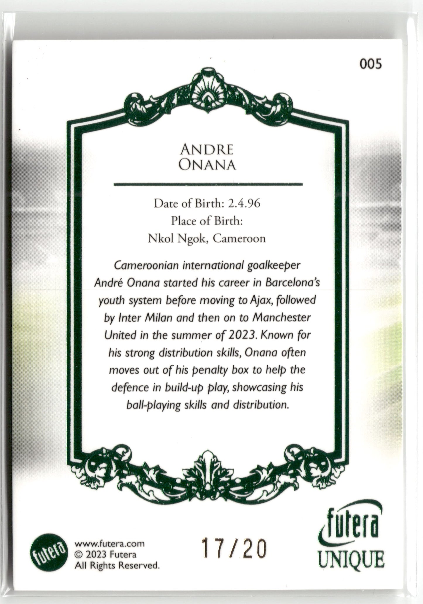 Fußball Andre Onana Futera Unique 2023 #005 Green /20 Cameroon Trading Card Original