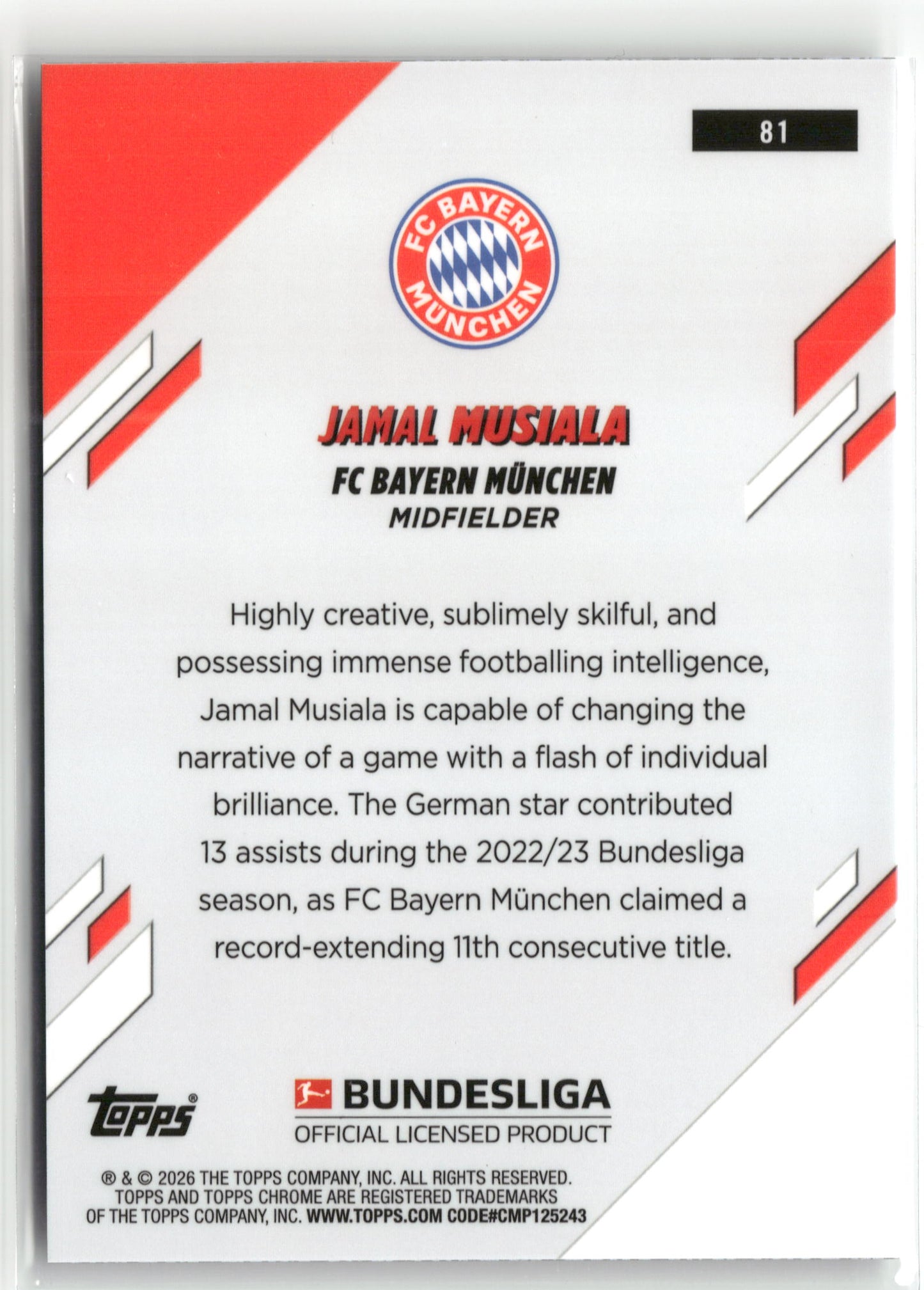 Fußball Jamal Musiala Topps Chrome Bundesliga 2023-24 #81 Toppsfractor /52 FC Bayern München Trading Card Original