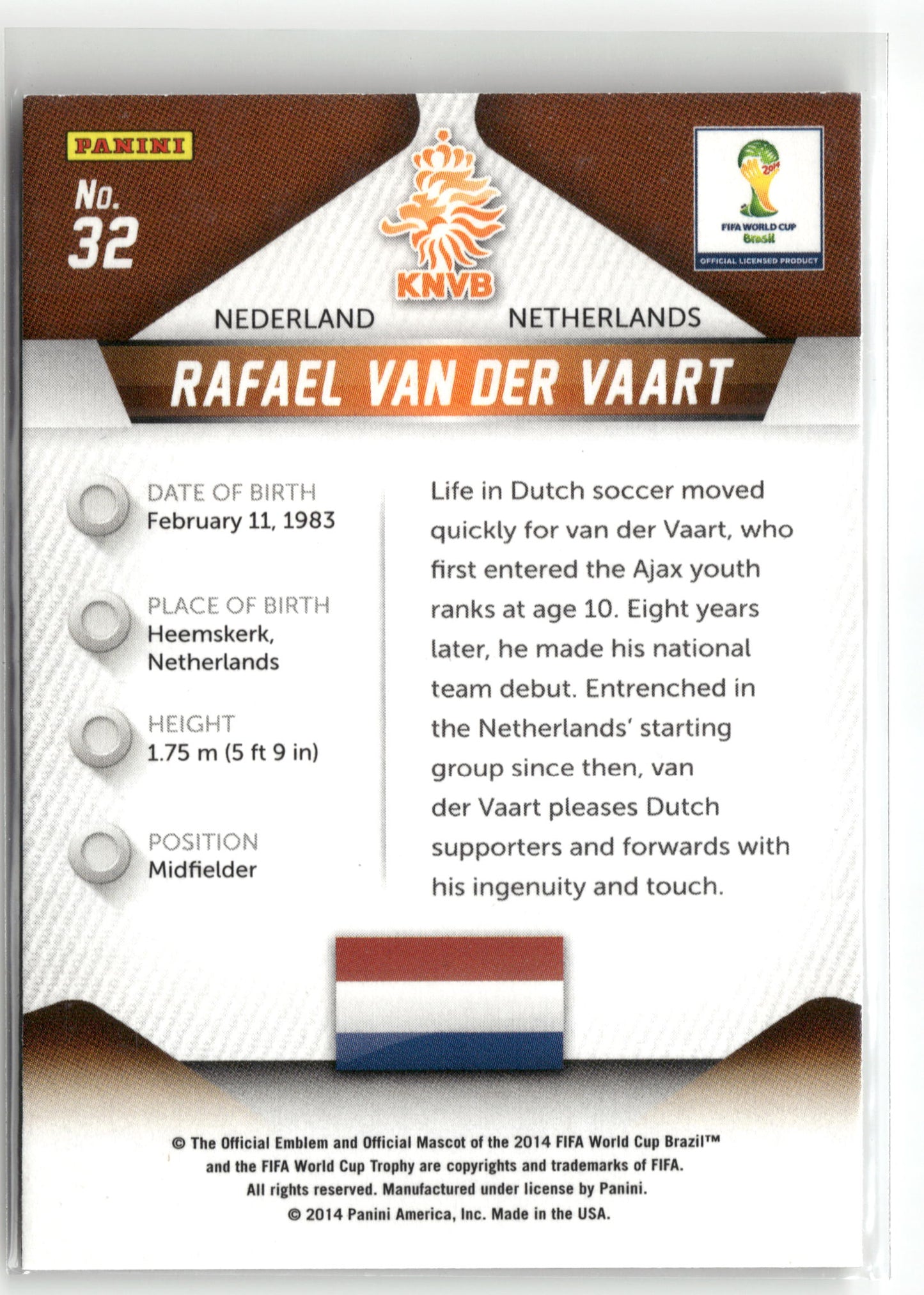 Fußball Rafael van der Vaart 2014 Panini Prizm FIFA World Cup Brasil #32 Netherlands Trading Card Original