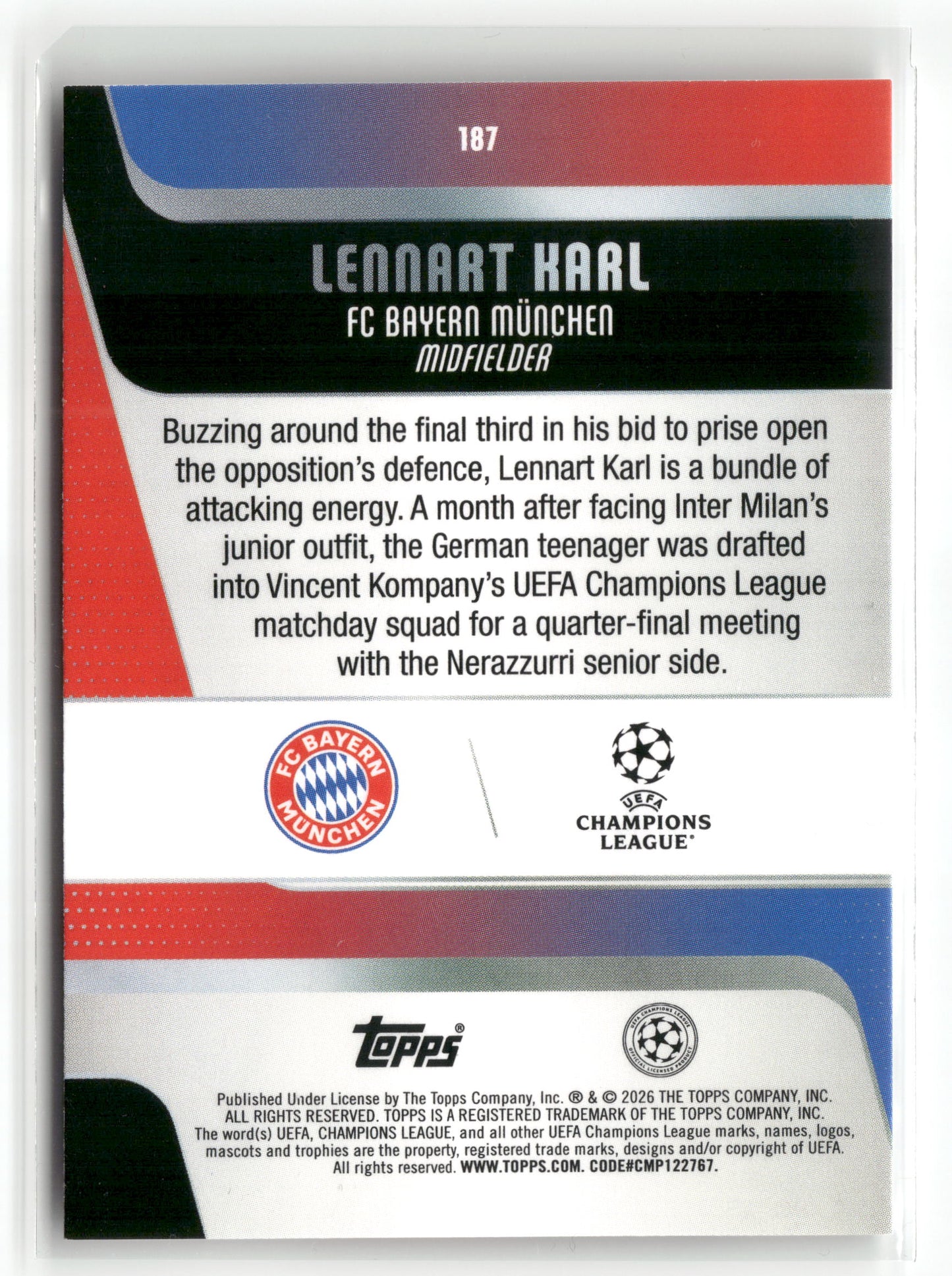 Fußball Lennart Karl 2025-26 Topps Flagship UCC #187 Rookie Card FC Bayern München Rookie Card RC Trading Card Original