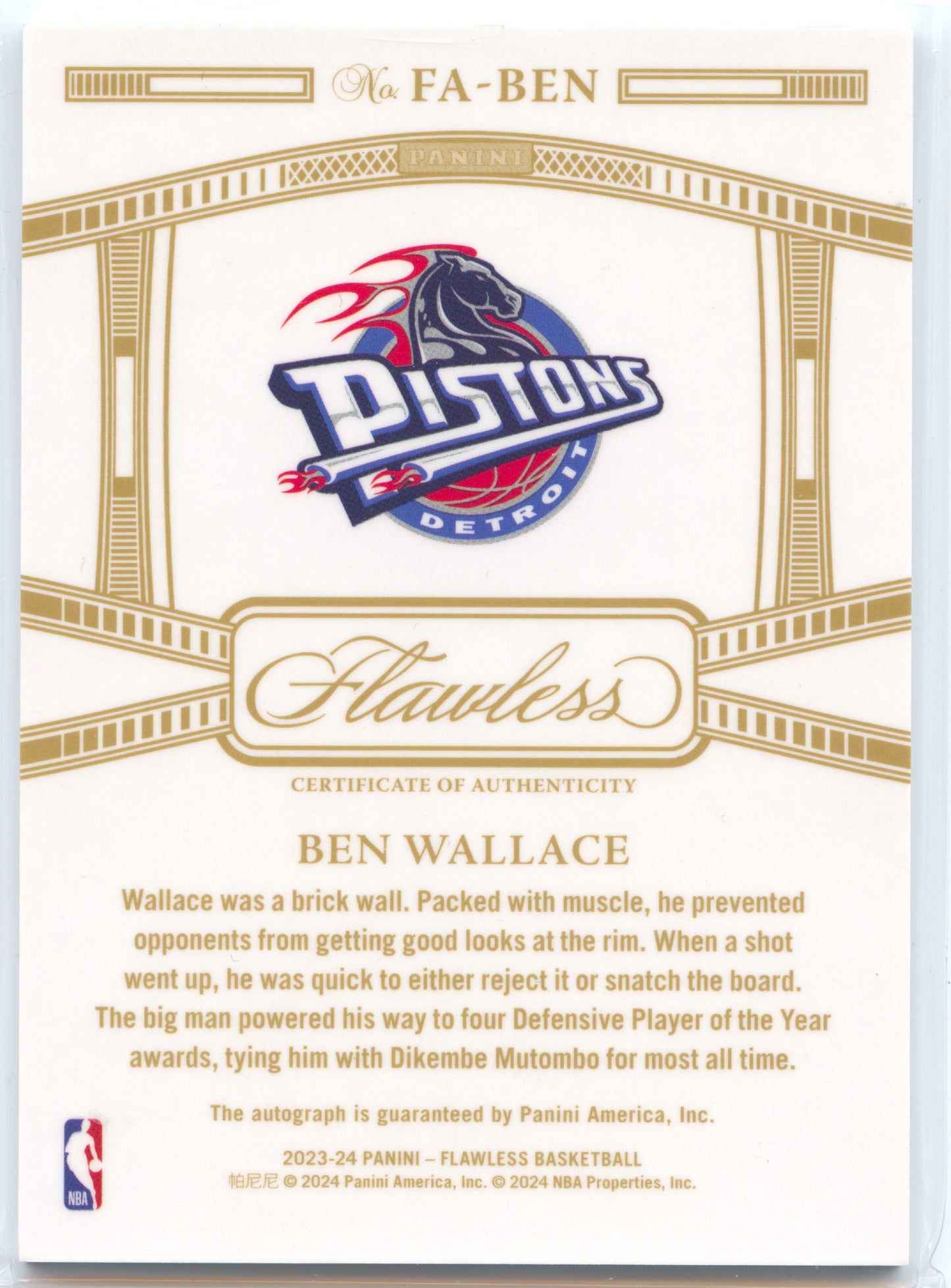 Basketball NBA Ben Wallace 2023-24 Panini Flawless Basketball #FA-BEN Achievements Auto 20/25 Detroit Pistons Trading Card Original