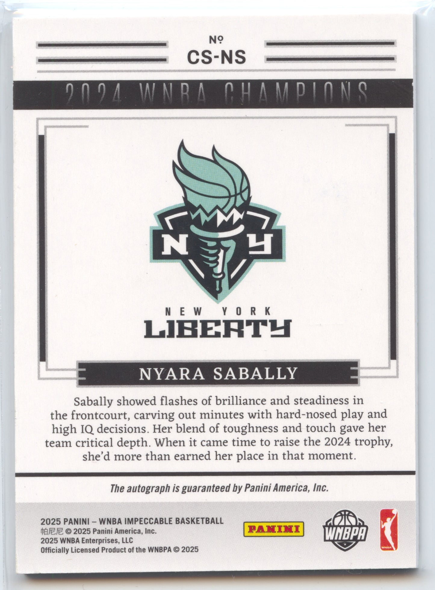 Basketball NBA Nyara Sabally 2025 Panini WNBA Impeccable Basketball #CS-NS Champions Signatures ON-CARD 13/24 New York Liberty Trading Card Original