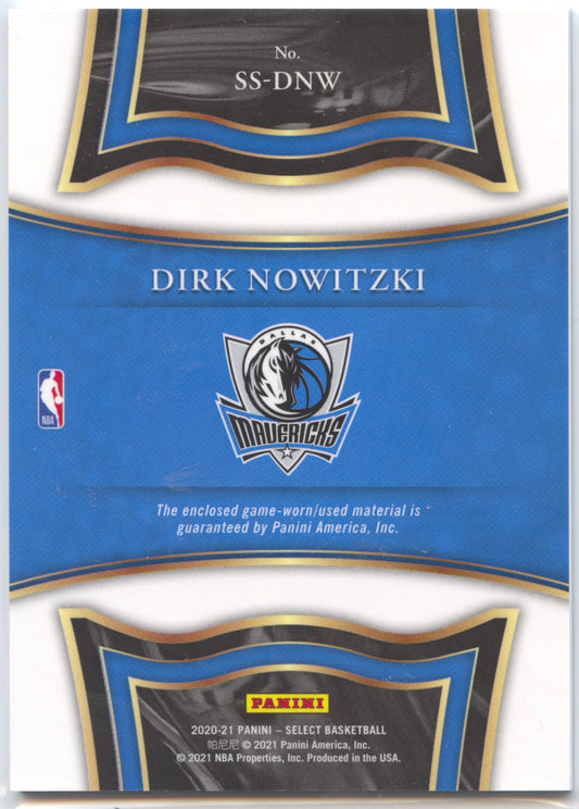Basketball NBA Dirk Nowitzki 2020-21 Panini Select Basketball #SS-DNW Game Worn Relic Dallas Mavericks Trading Card Original