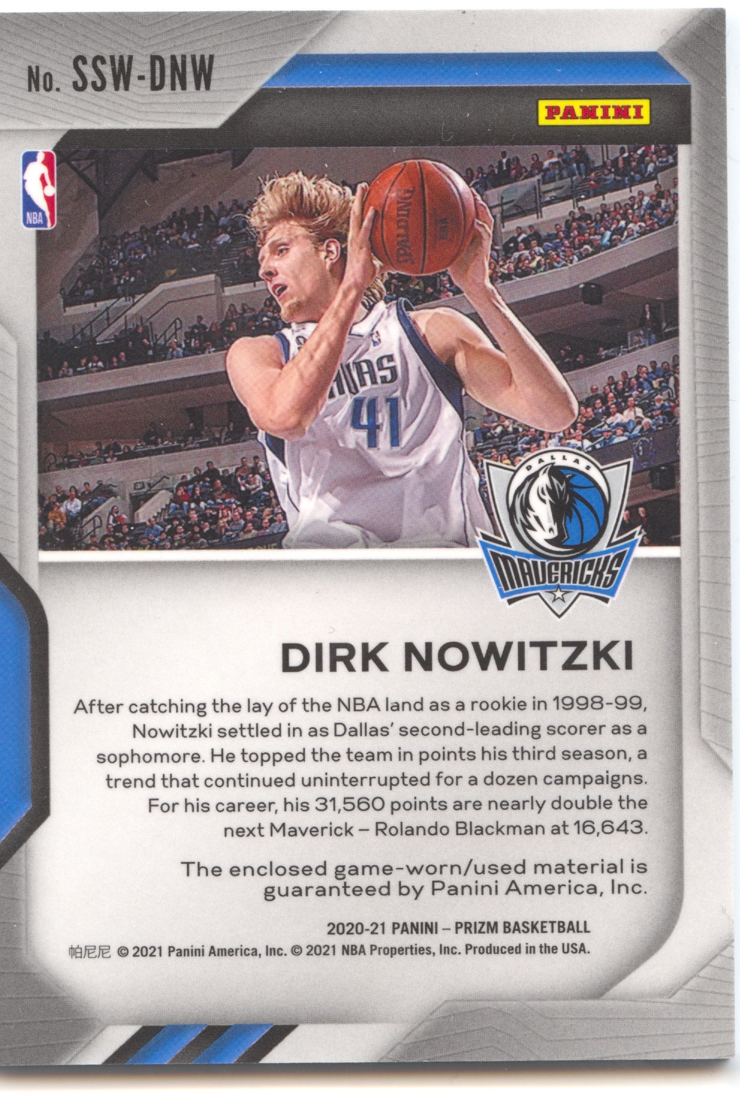 Basketball NBA Dirk Nowitzki 2020-21 Panini Prizm Basketball #SSW-DNW Game-Worn Relic Dallas Mavericks Trading Card Original