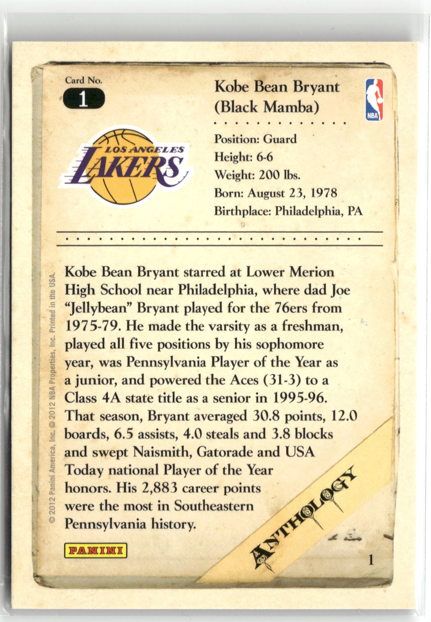 Basketball NBA Kobe Bryant 2012 Panini Kobe Anthology #1 Los Angeles Lakers Trading Card Original