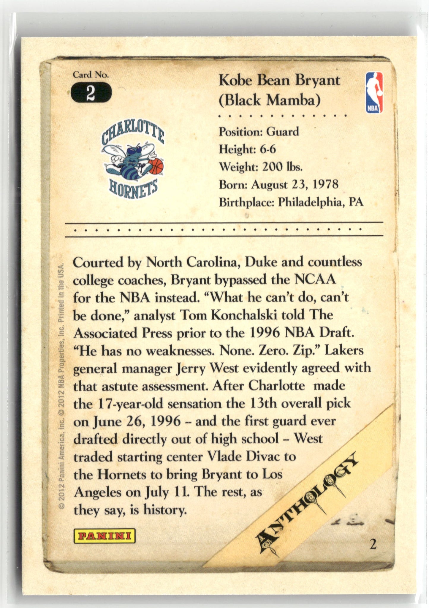 Basketball NBA Kobe Bryant 2012 Panini Kobe Anthology #2 Charlotte Hornets Trading Card Original