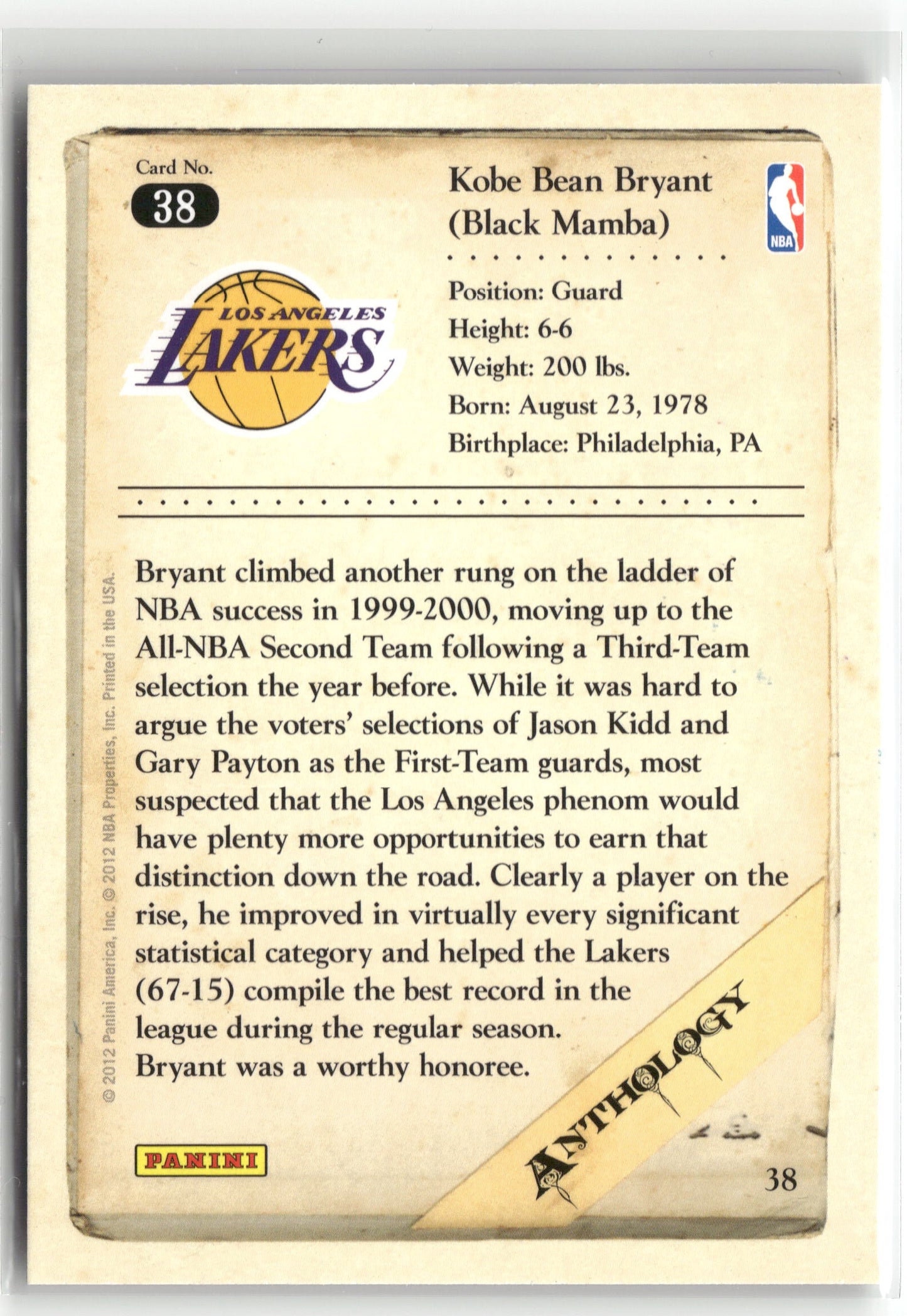 Basketball NBA Kobe Bryant 2012 Panini Kobe Anthology #38 Los Angeles Lakers Trading Card Original