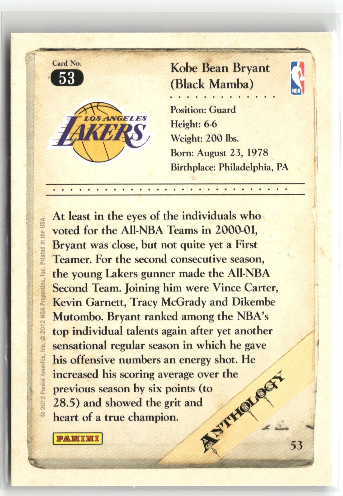 Basketball NBA Kobe Bryant 2012 Panini Kobe Anthology #53 Los Angeles Lakers Trading Card Original