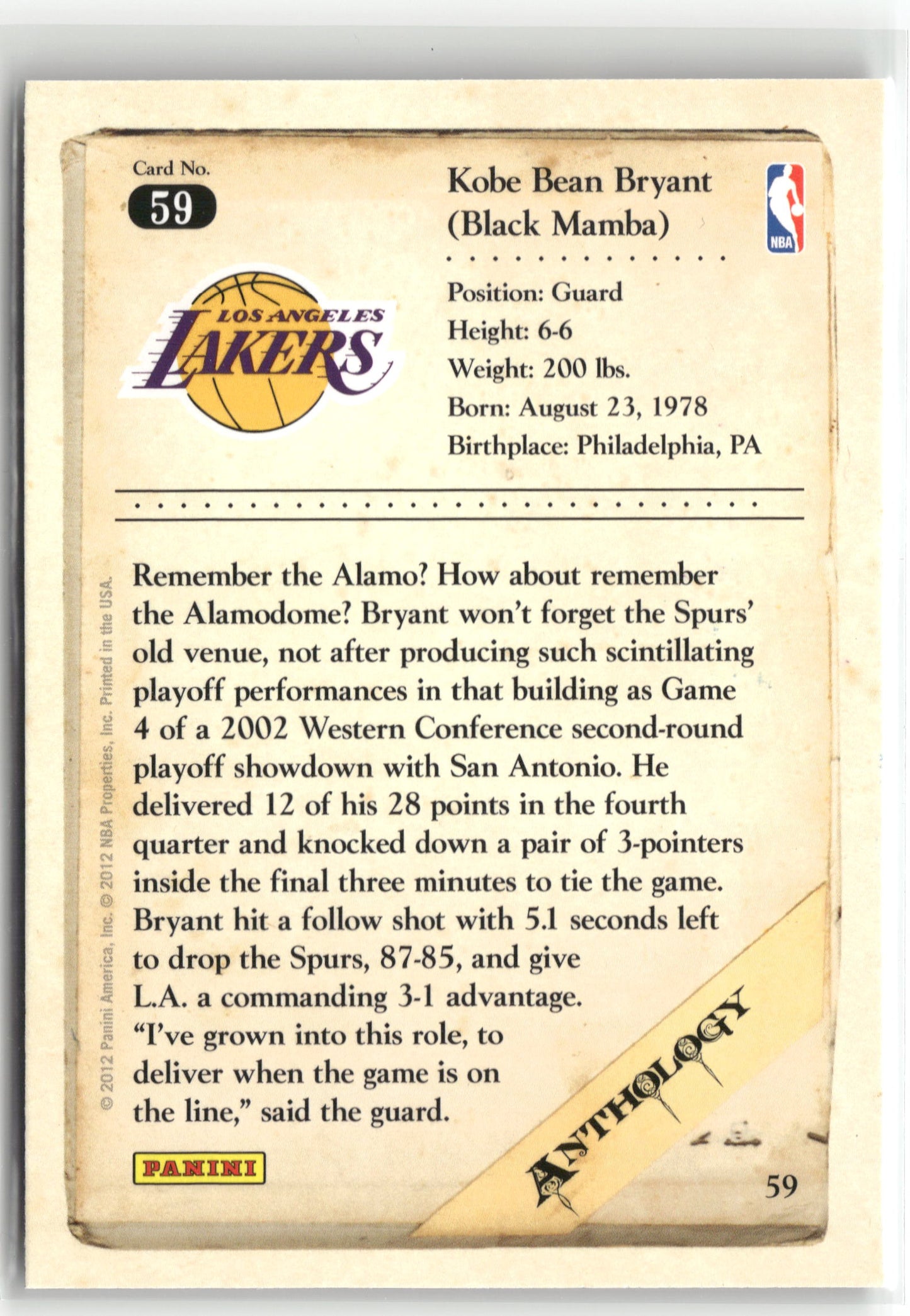 Basketball NBA Kobe Bryant 2012 Panini Kobe Anthology #59 Los Angeles Lakers Trading Card Original