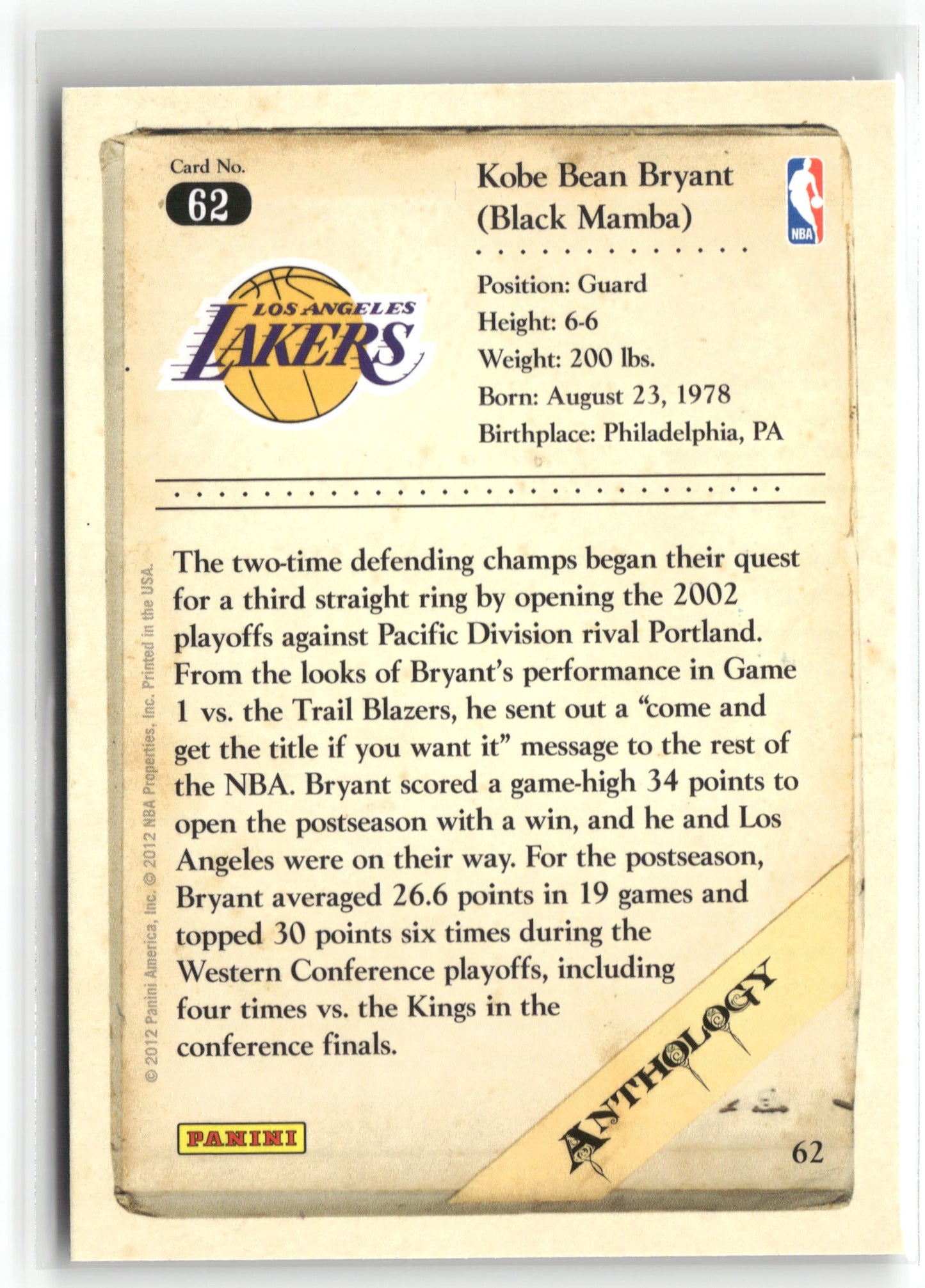 Basketball NBA Kobe Bryant 2012 Panini Kobe Anthology #62 Los Angeles Lakers Trading Card Original