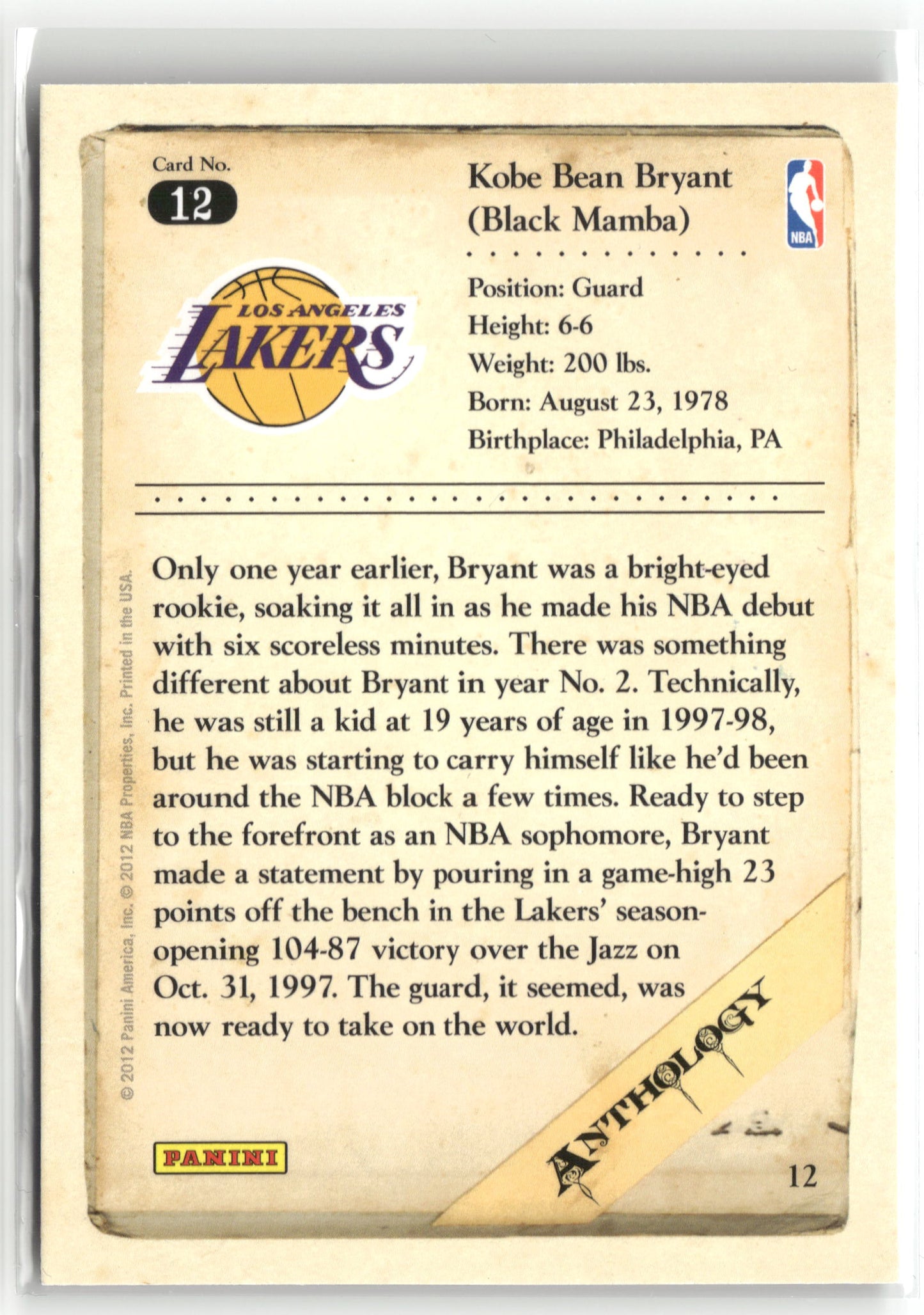 Basketball NBA Kobe Bryant 2012 Panini Kobe Anthology #12 Los Angeles Lakers Trading Card Original