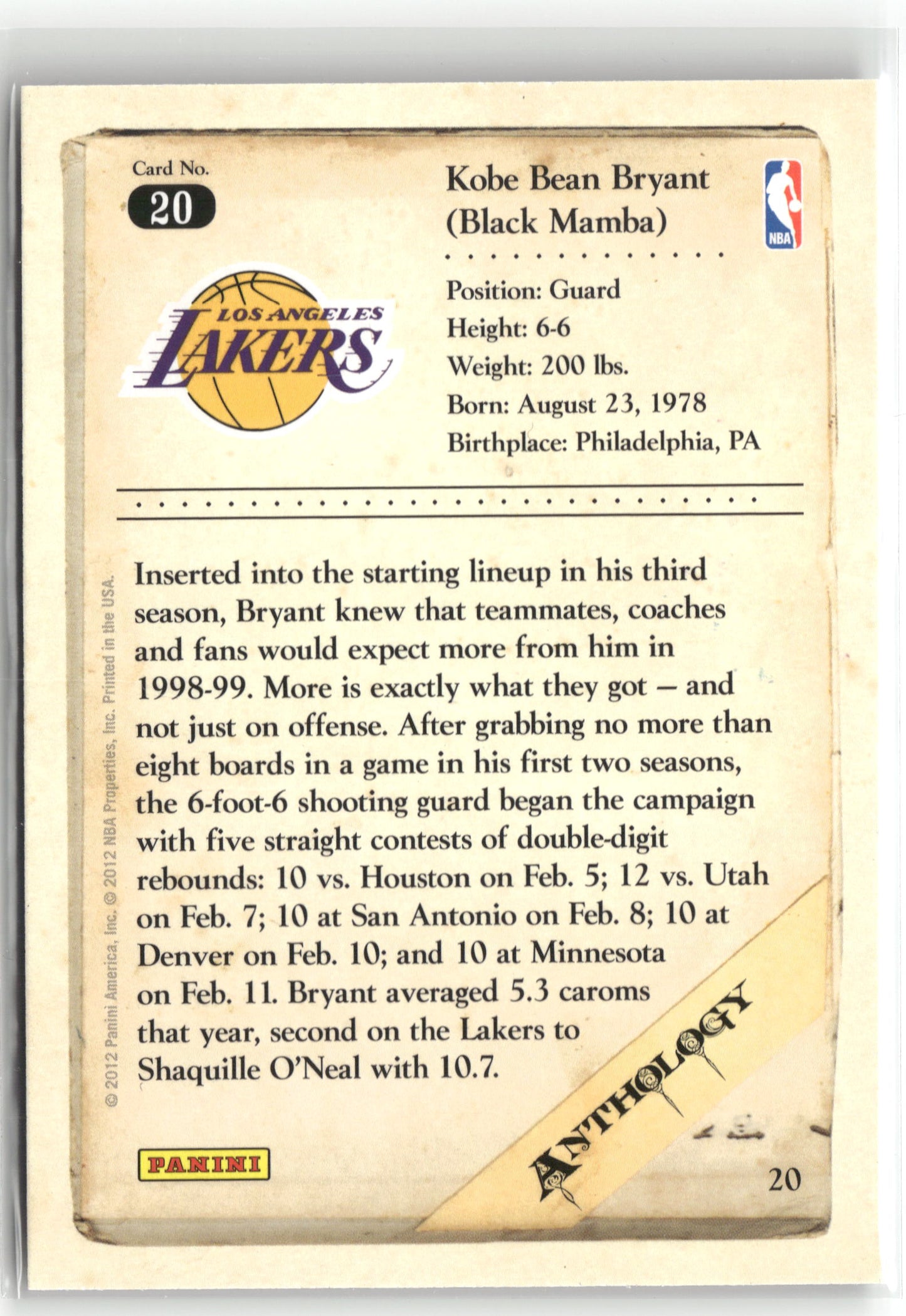 Basketball NBA Kobe Bryant 2012 Panini Kobe Anthology #20 Los Angeles Lakers Trading Card Original