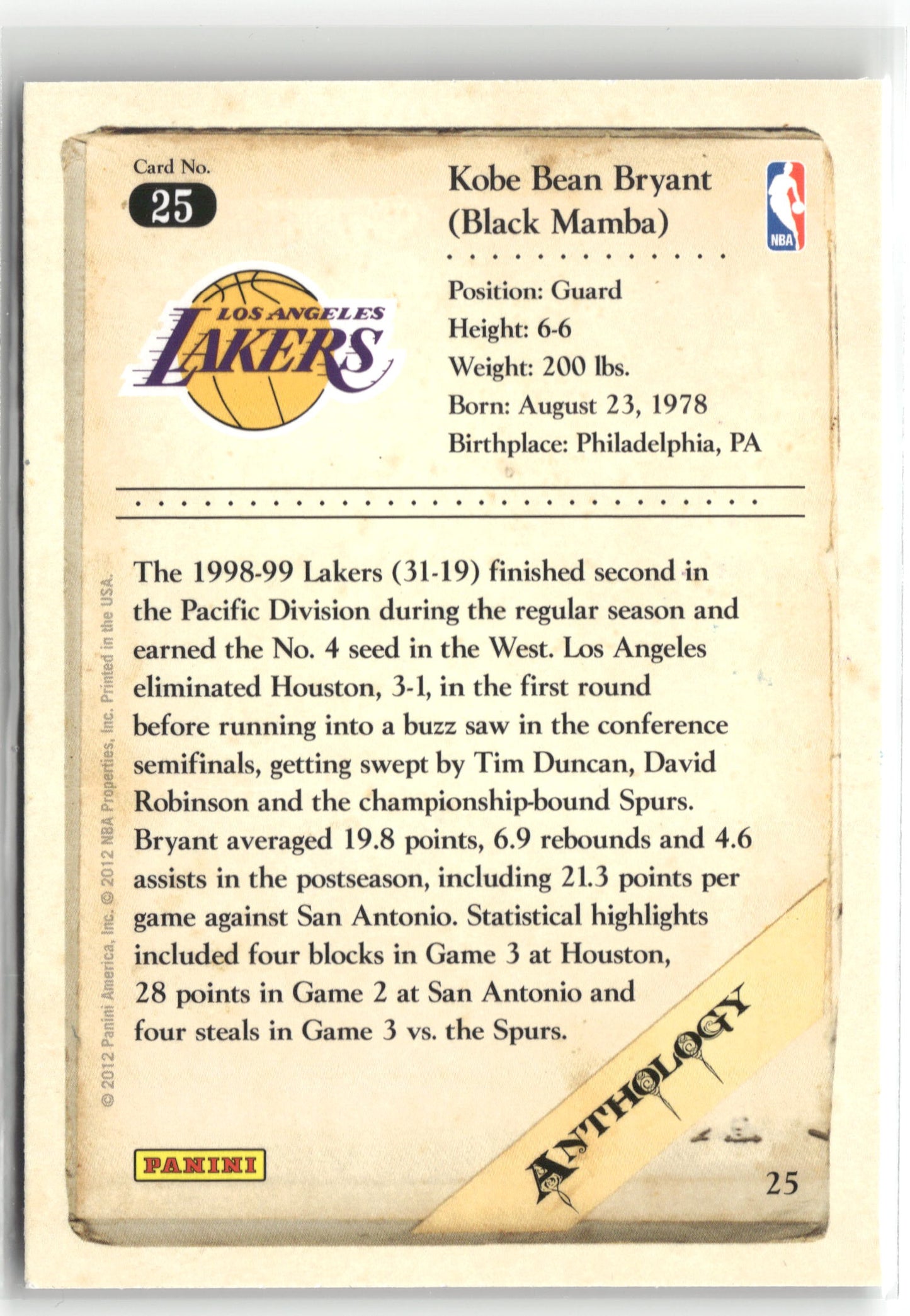 Basketball NBA Kobe Bryant 2012 Panini Kobe Anthology #25 Los Angeles Lakers Trading Card Original