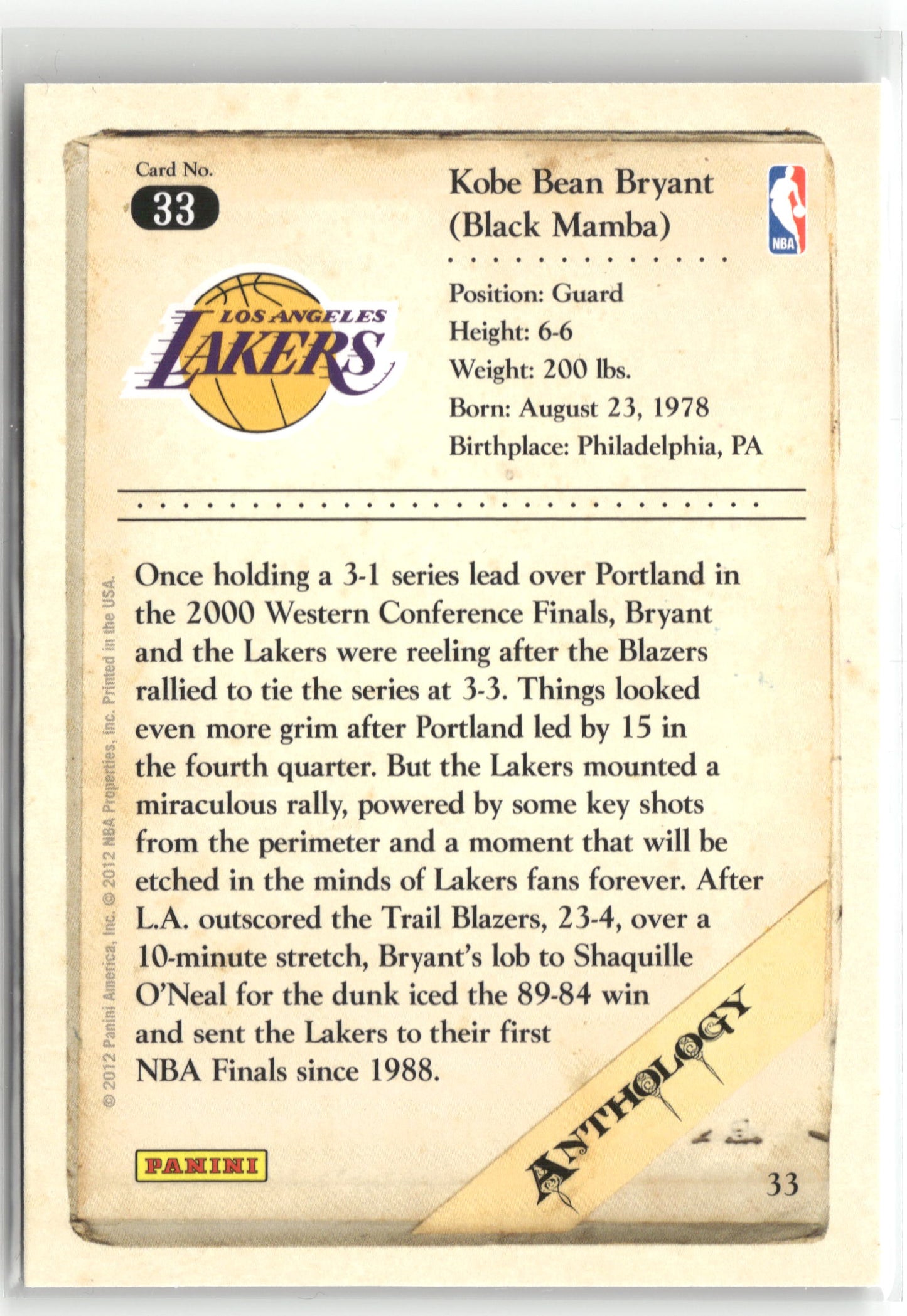 Basketball NBA Kobe Bryant 2012 Panini Kobe Anthology #33 Los Angeles Lakers Trading Card Original