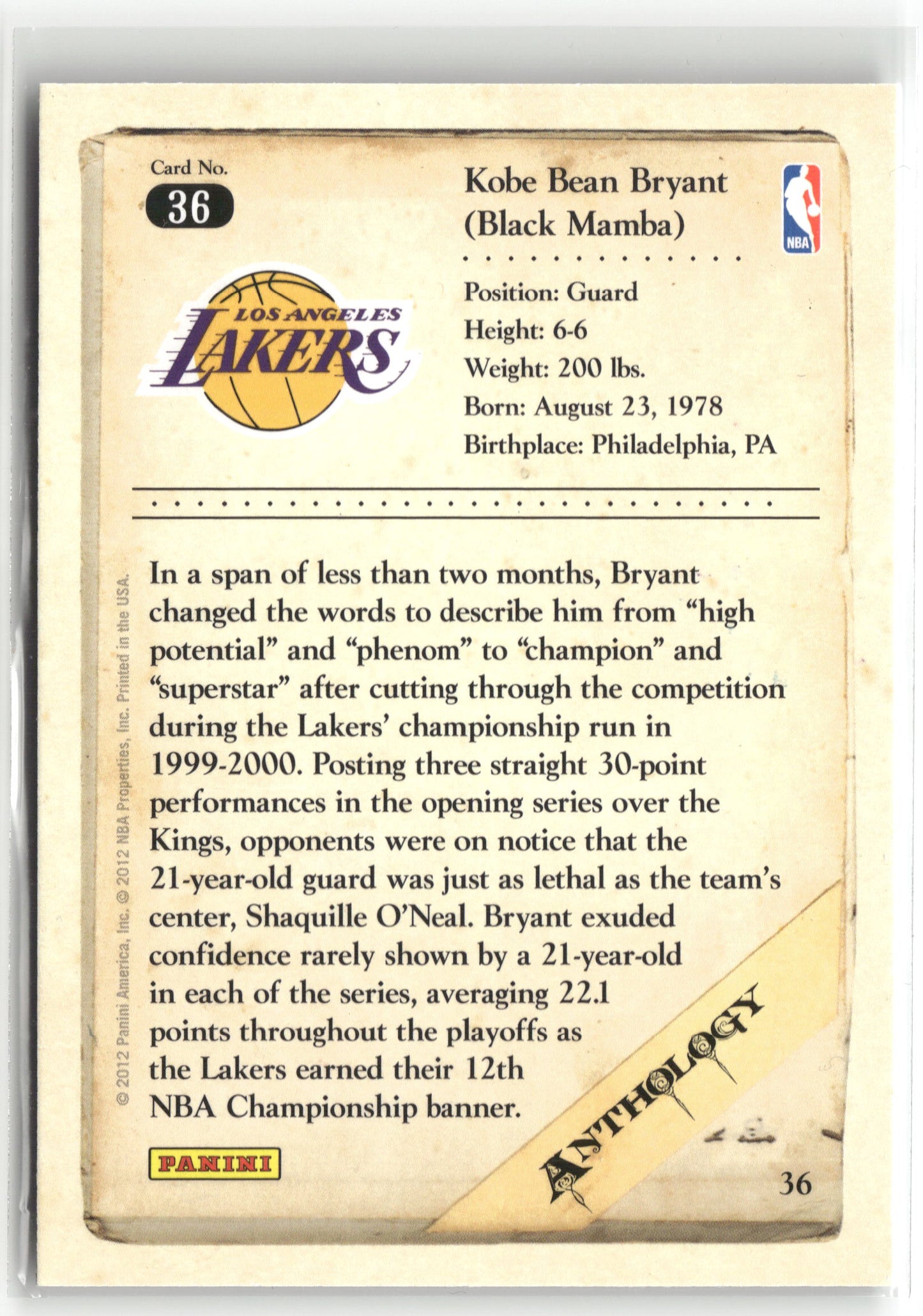 Basketball NBA Kobe Bryant 2012 Panini Kobe Anthology #36 Los Angeles Lakers Trading Card Original