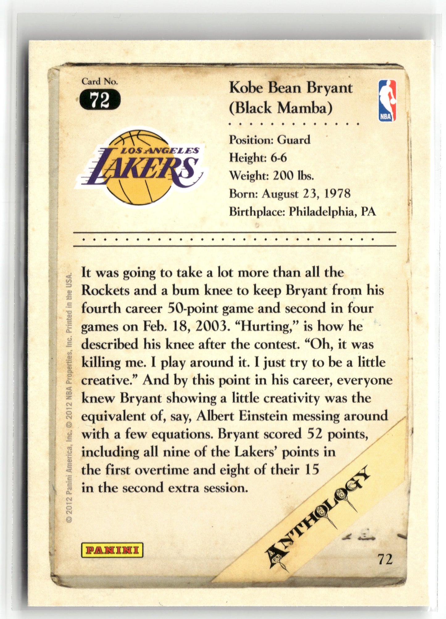 Basketball NBA Kobe Bryant 2012 Panini Kobe Anthology #72 Los Angeles Lakers Trading Card Original