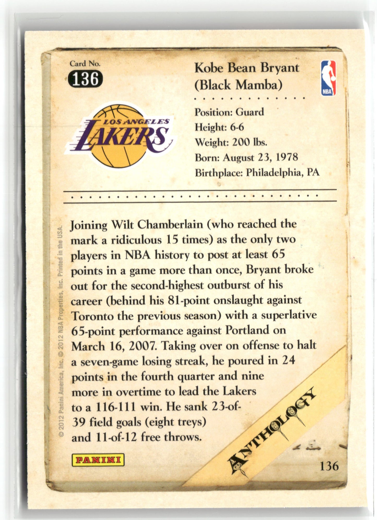 Basketball NBA Kobe Bryant 2012 Panini Kobe Anthology #136 Los Angeles Lakers Trading Card Original