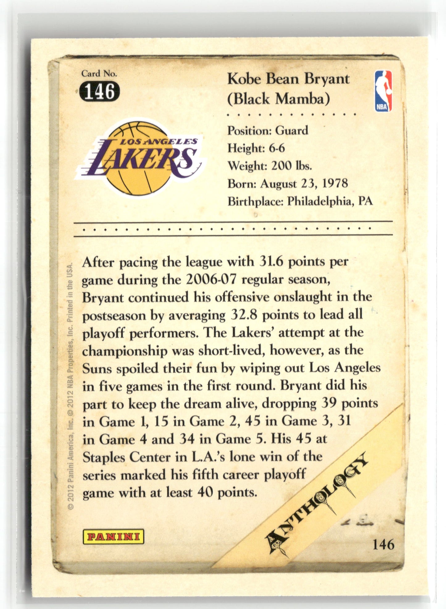 Basketball NBA Kobe Bryant 2012 Panini Kobe Anthology #146 Los Angeles Lakers Trading Card Original