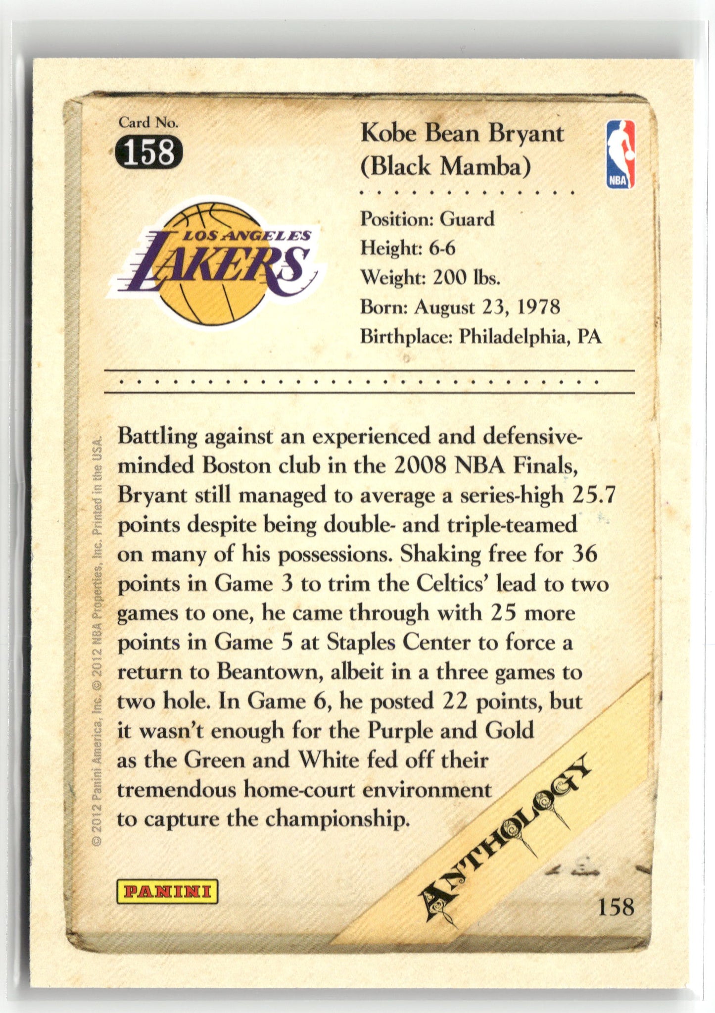 Basketball NBA Kobe Bryant 2012 Panini Kobe Anthology #158 Los Angeles Lakers Trading Card Original
