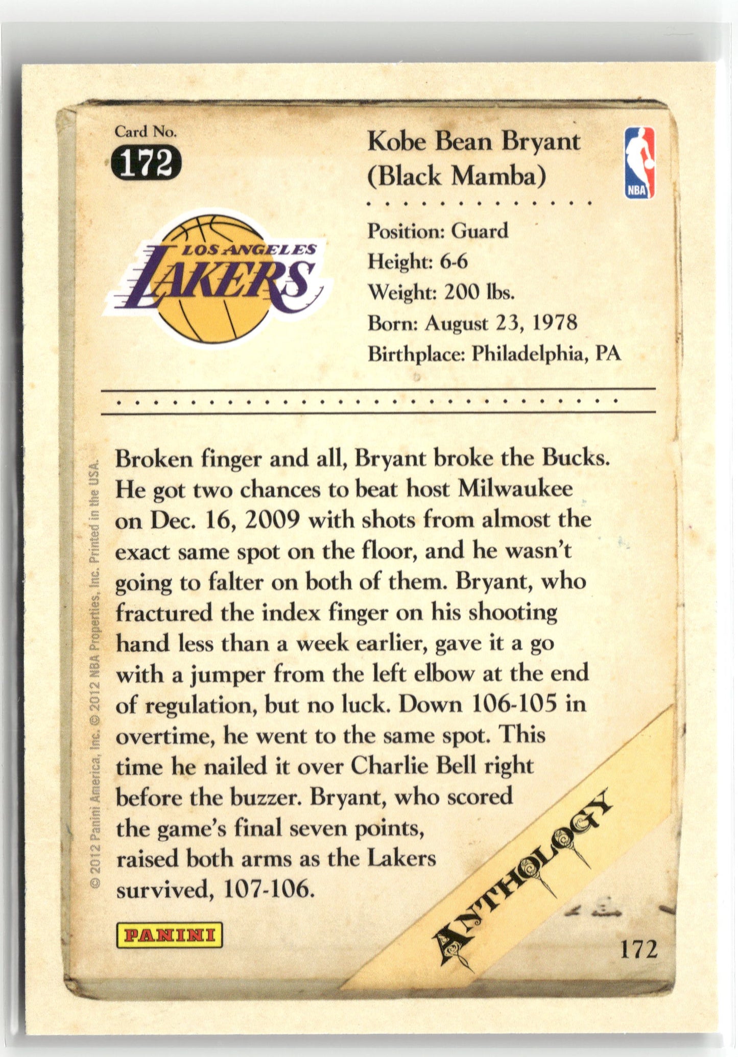 Basketball NBA Kobe Bryant 2012 Panini Kobe Anthology #172 Los Angeles Lakers Trading Card Original