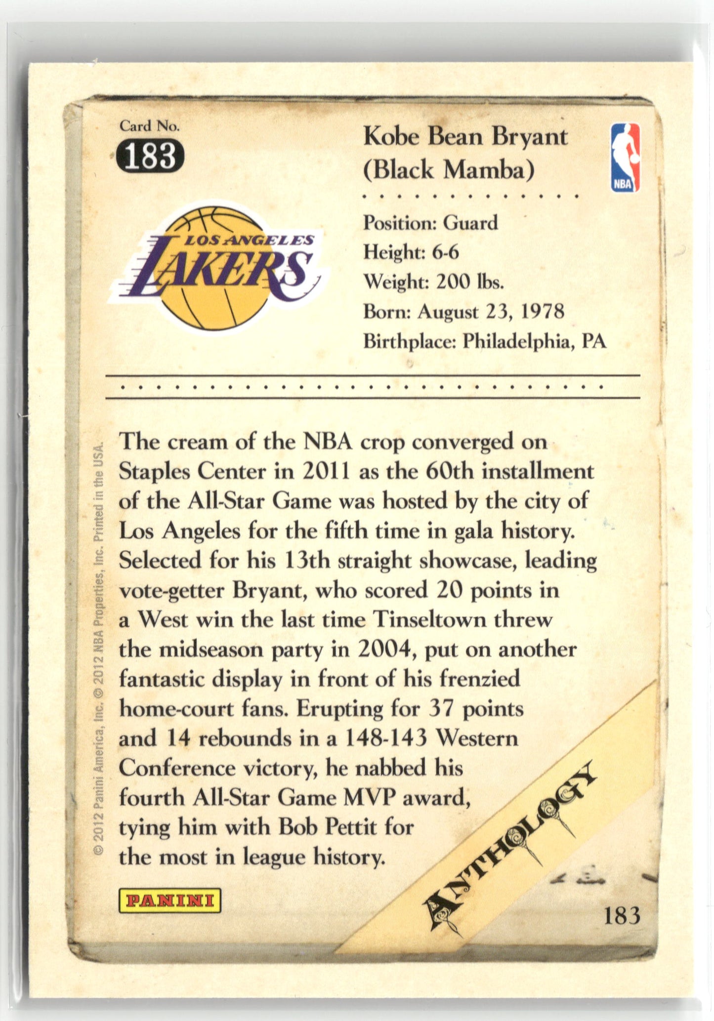 Basketball NBA Kobe Bryant 2012 Panini Kobe Anthology #183 Los Angeles Lakers Trading Card Original