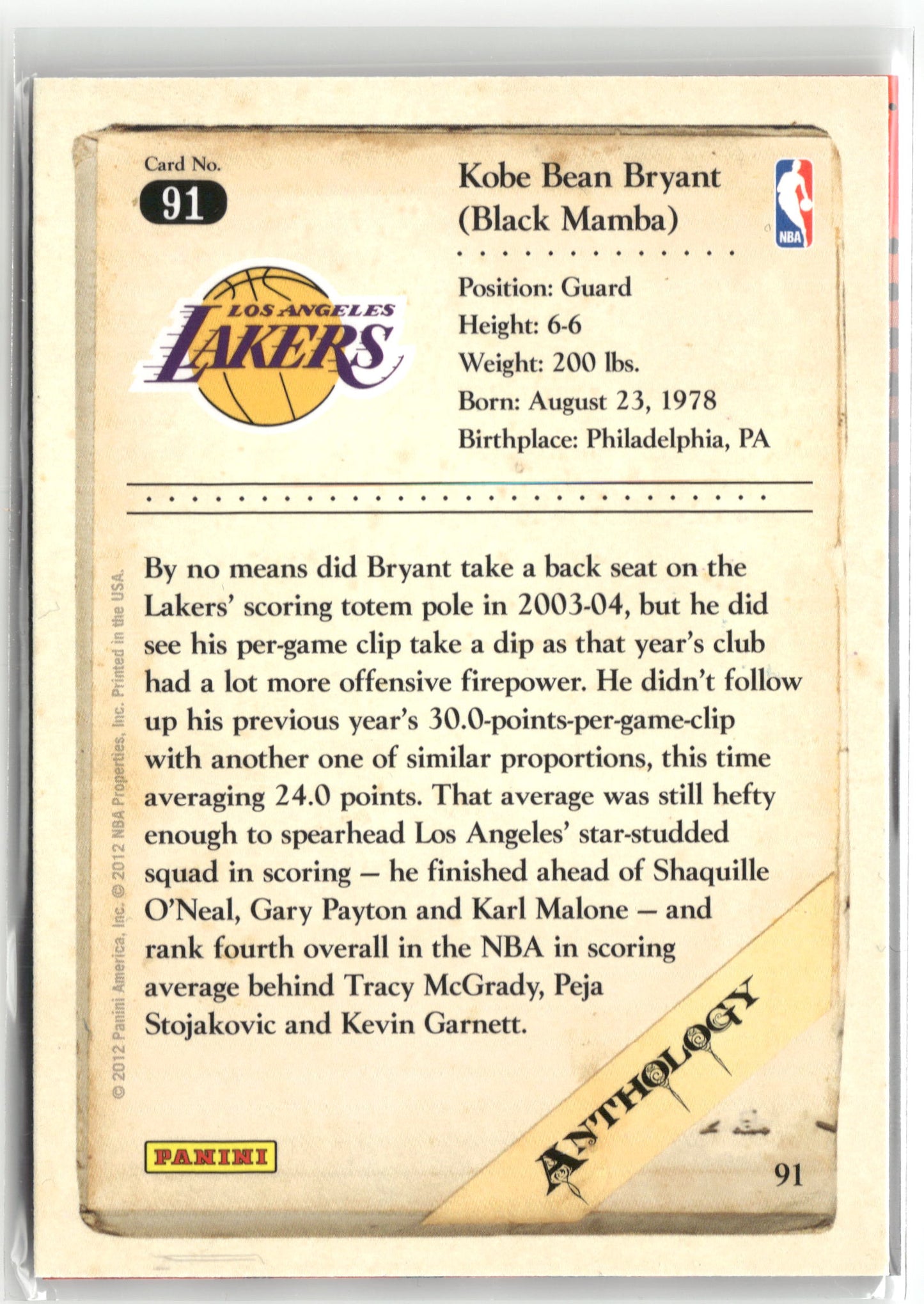 Basketball NBA Kobe Bryant 2012 Panini Kobe Anthology #91 Los Angeles Lakers Trading Card Original
