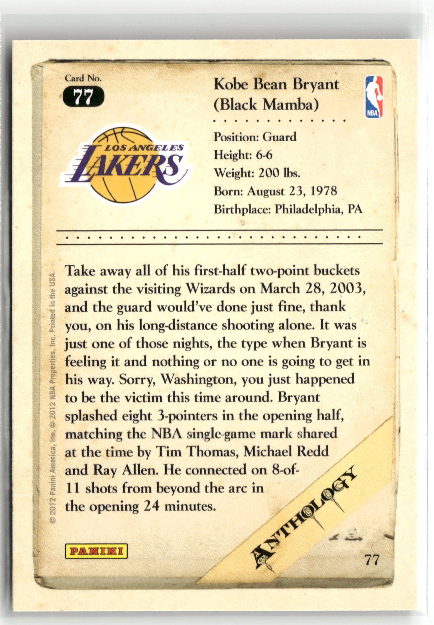 Basketball NBA Kobe Bryant 2012 Panini Kobe Anthology #77 Los Angeles Lakers Trading Card Original