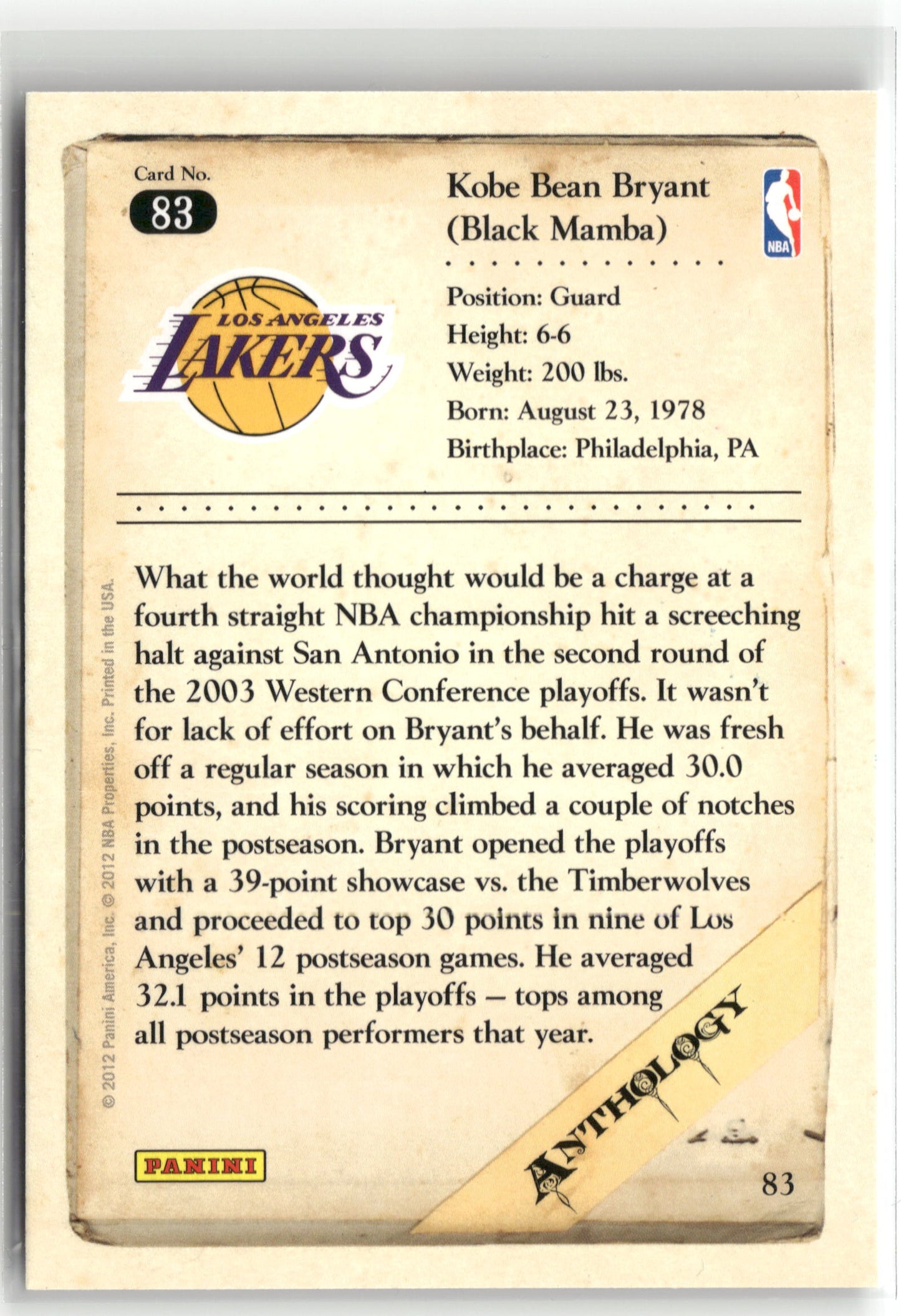 Basketball NBA Kobe Bryant 2012 Panini Kobe Anthology #83 Los Angeles Lakers Trading Card Original