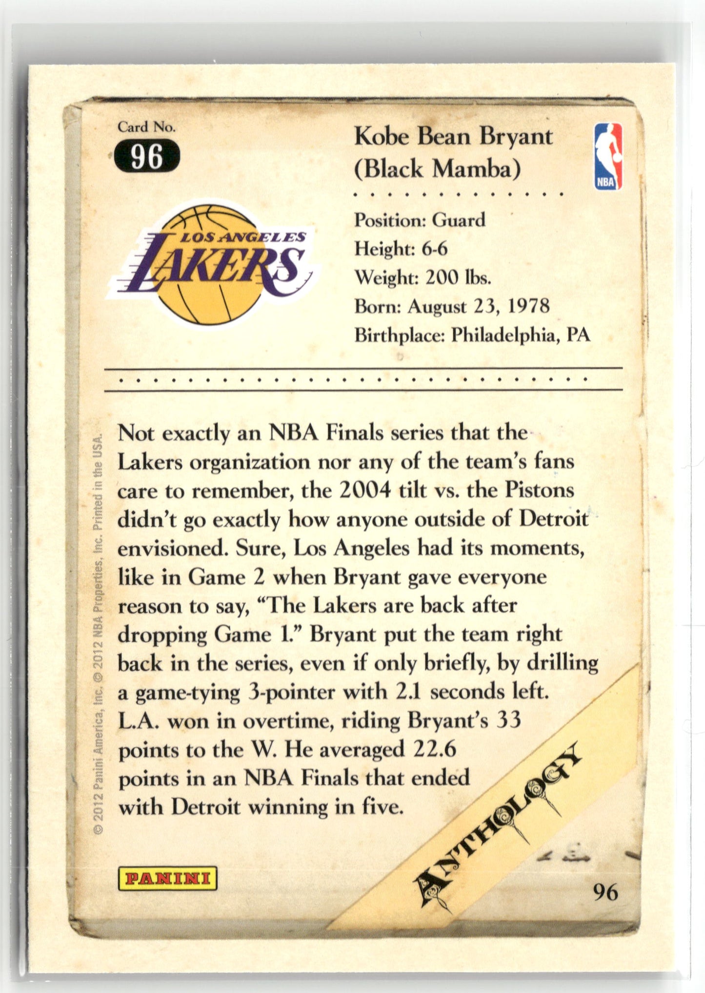 Basketball NBA Kobe Bryant 2012 Panini Kobe Anthology #96 Los Angeles Lakers Trading Card Original