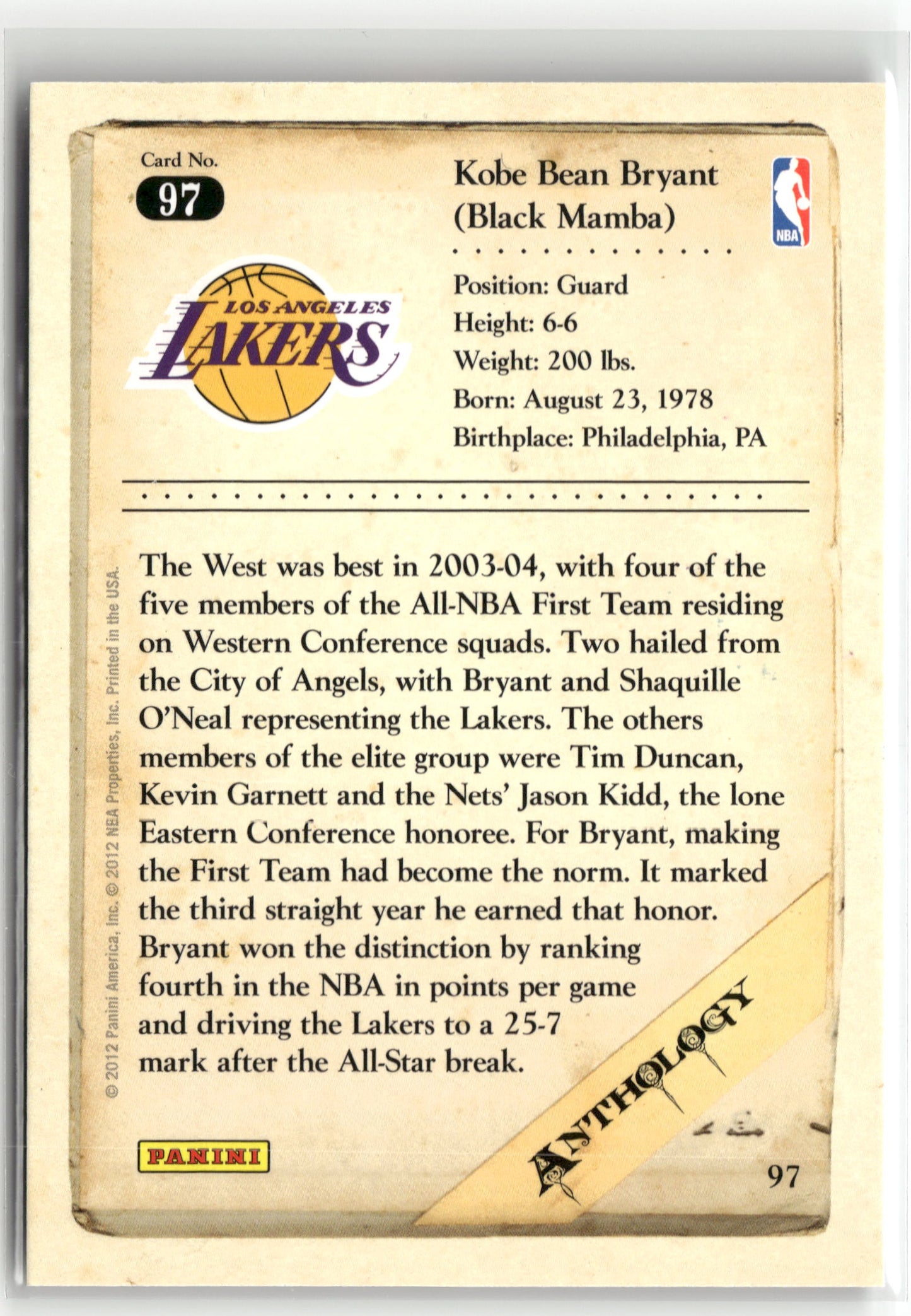 Basketball NBA Kobe Bryant 2012 Panini Kobe Anthology #97 Los Angeles Lakers Trading Card Original