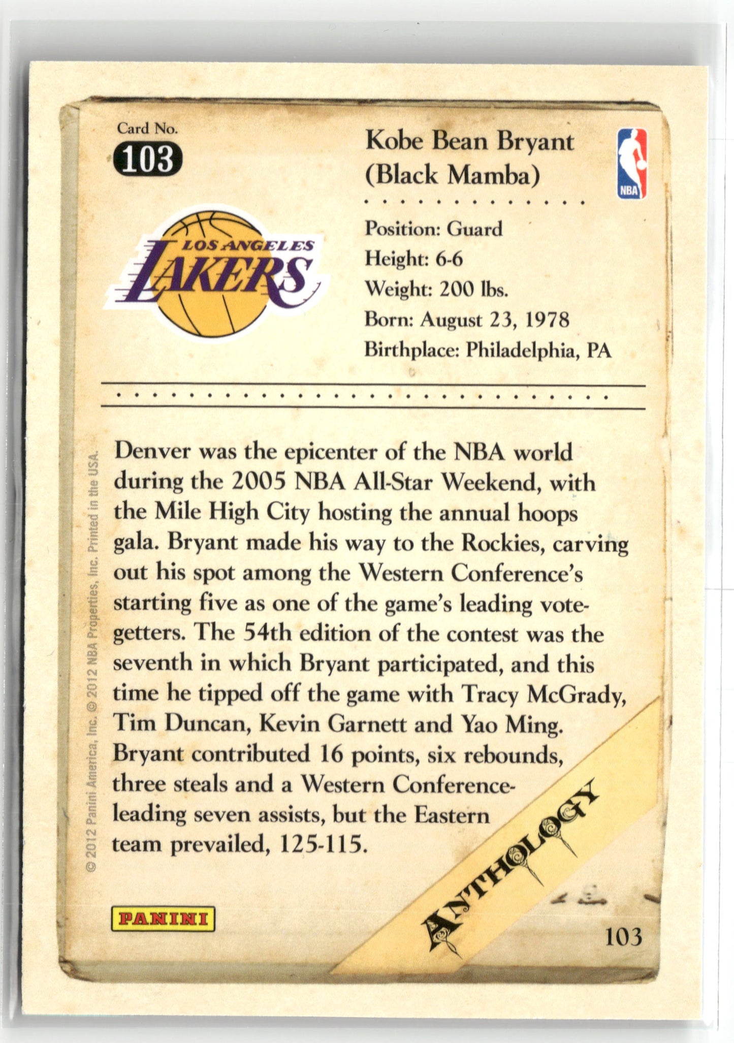 Basketball NBA Kobe Bryant 2012 Panini Kobe Anthology #103 Los Angeles Lakers Trading Card Original