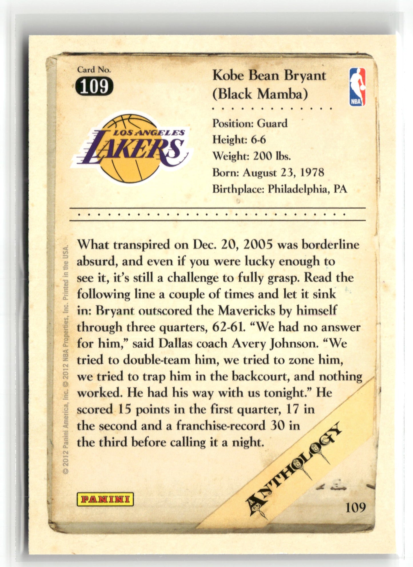Basketball NBA Kobe Bryant 2012 Panini Kobe Anthology #109 Los Angeles Lakers Trading Card Original