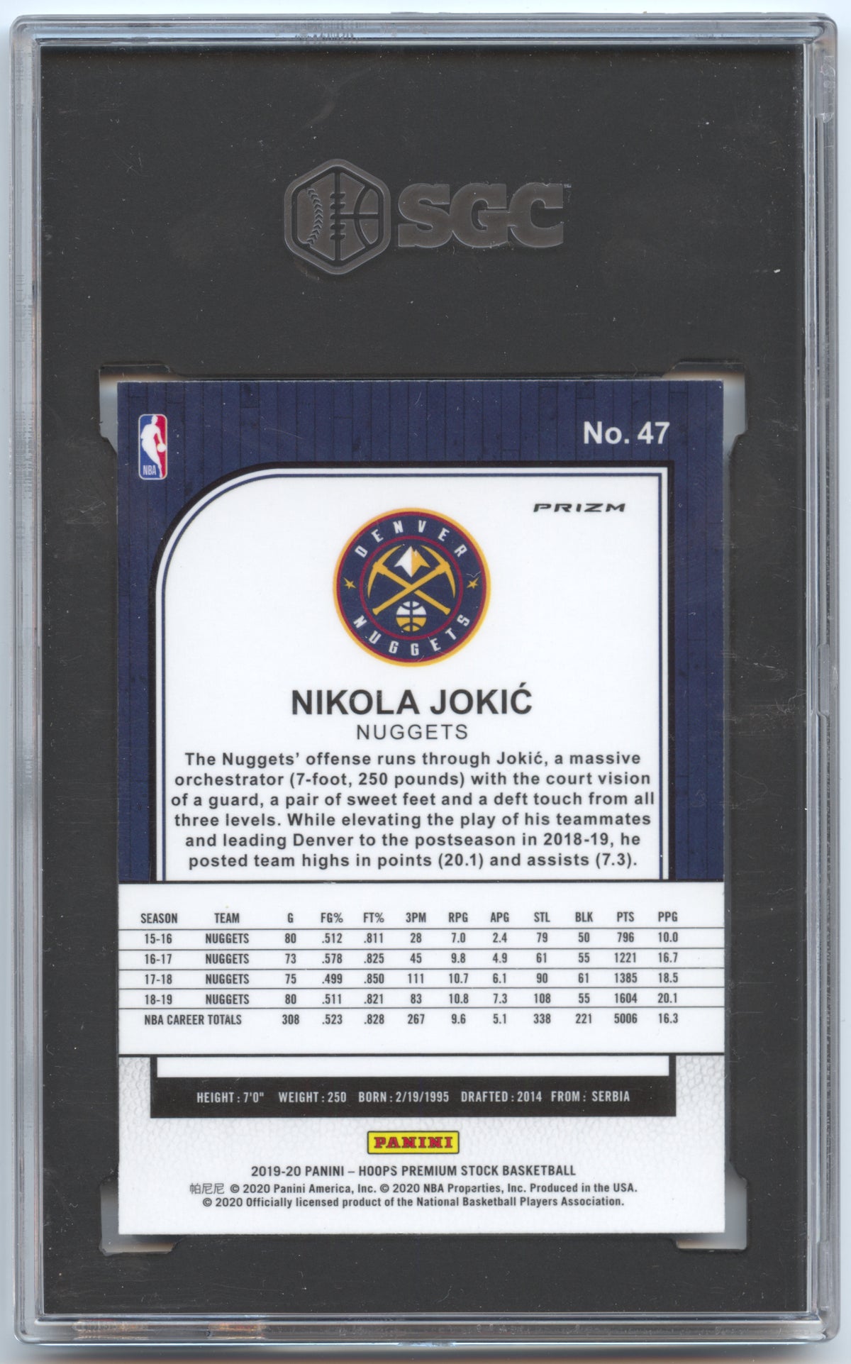 Basketball NBA Nikola Jokić - 2019-20 Panini Hoops Premium Stock - Silver Mojo Prizm SGC 8 - Denver Nuggets #47 Trading Card Original