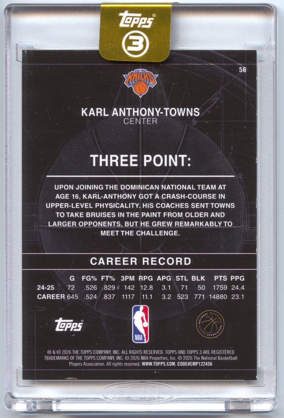 Basketball NBA Karl Anthony-Towns - 2025-26 Topps 3 Basketball - Bronze /29 - New York Knicks #56 Trading Card Original