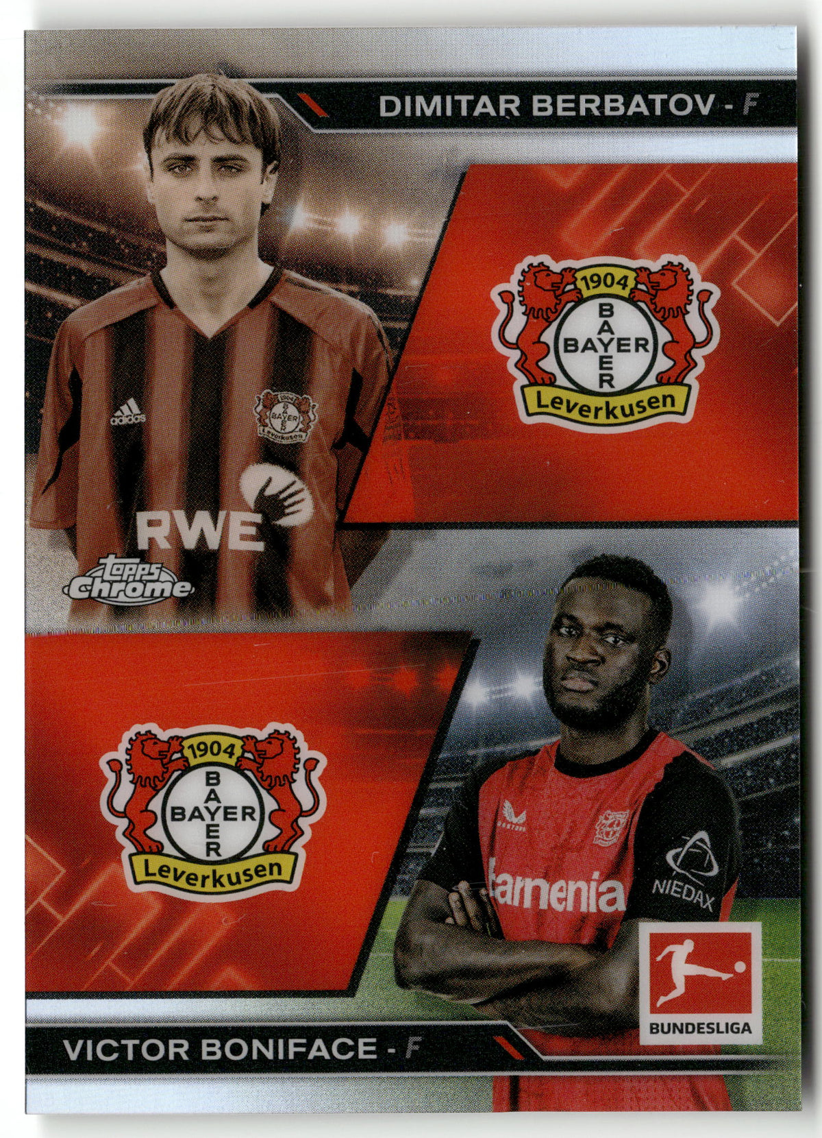 Fußball Dimitar Berbatov / Victor Boniface 2025 Topps Chrome Bundesliga #HIN-2 Bayer 04 Leverkusen Trading Card Original