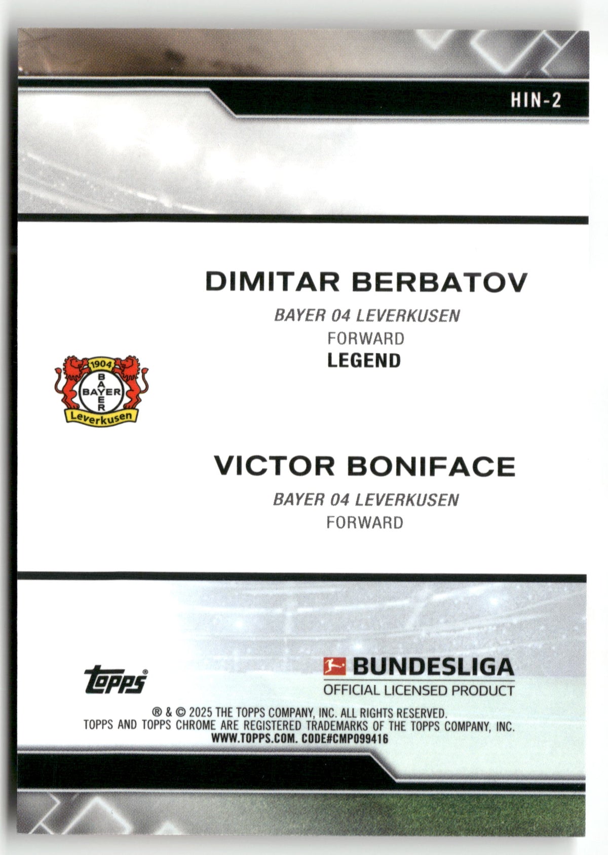Fußball Dimitar Berbatov / Victor Boniface 2025 Topps Chrome Bundesliga #HIN-2 Bayer 04 Leverkusen Trading Card Original
