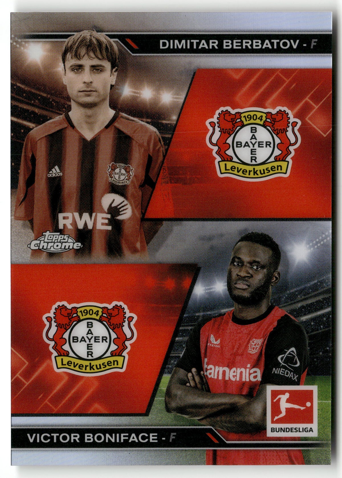 Fußball Dimitar Berbatov / Victor Boniface 2025 Topps Chrome Bundesliga #HIN-2 Bayer 04 Leverkusen Trading Card Original