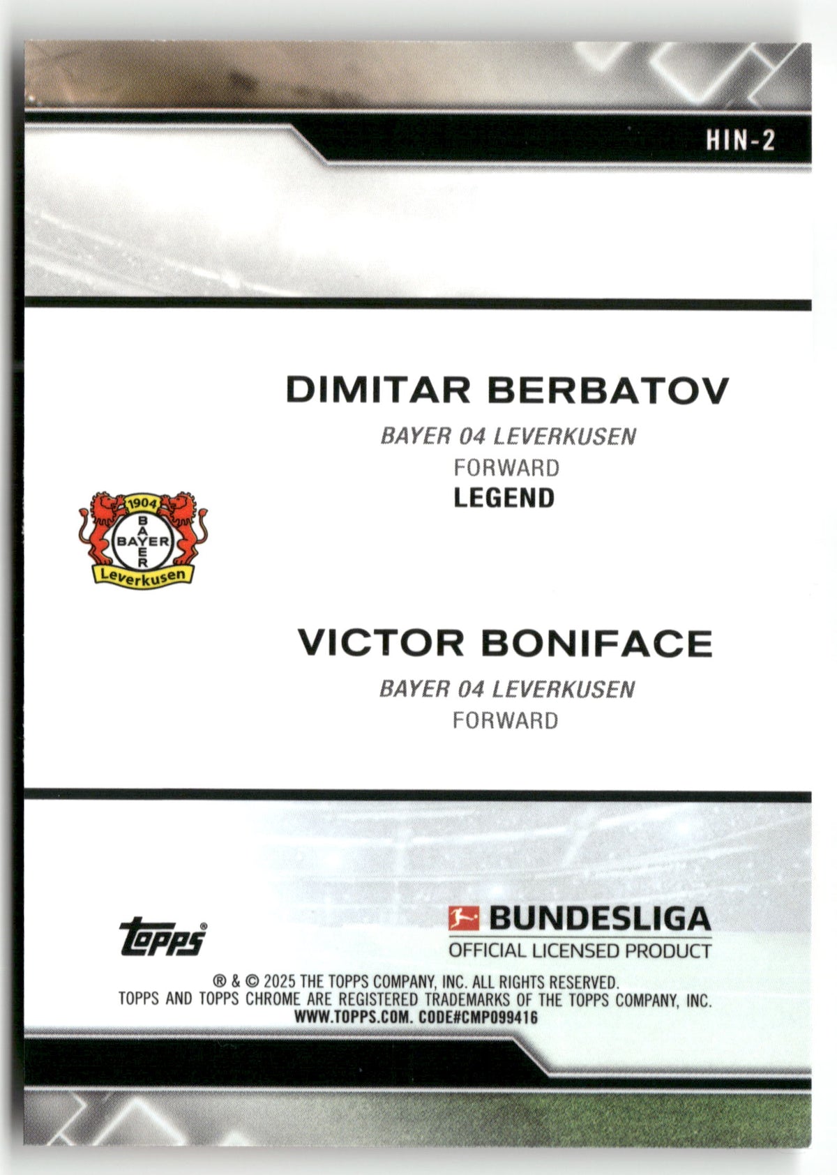 Fußball Dimitar Berbatov / Victor Boniface 2025 Topps Chrome Bundesliga #HIN-2 Bayer 04 Leverkusen Trading Card Original