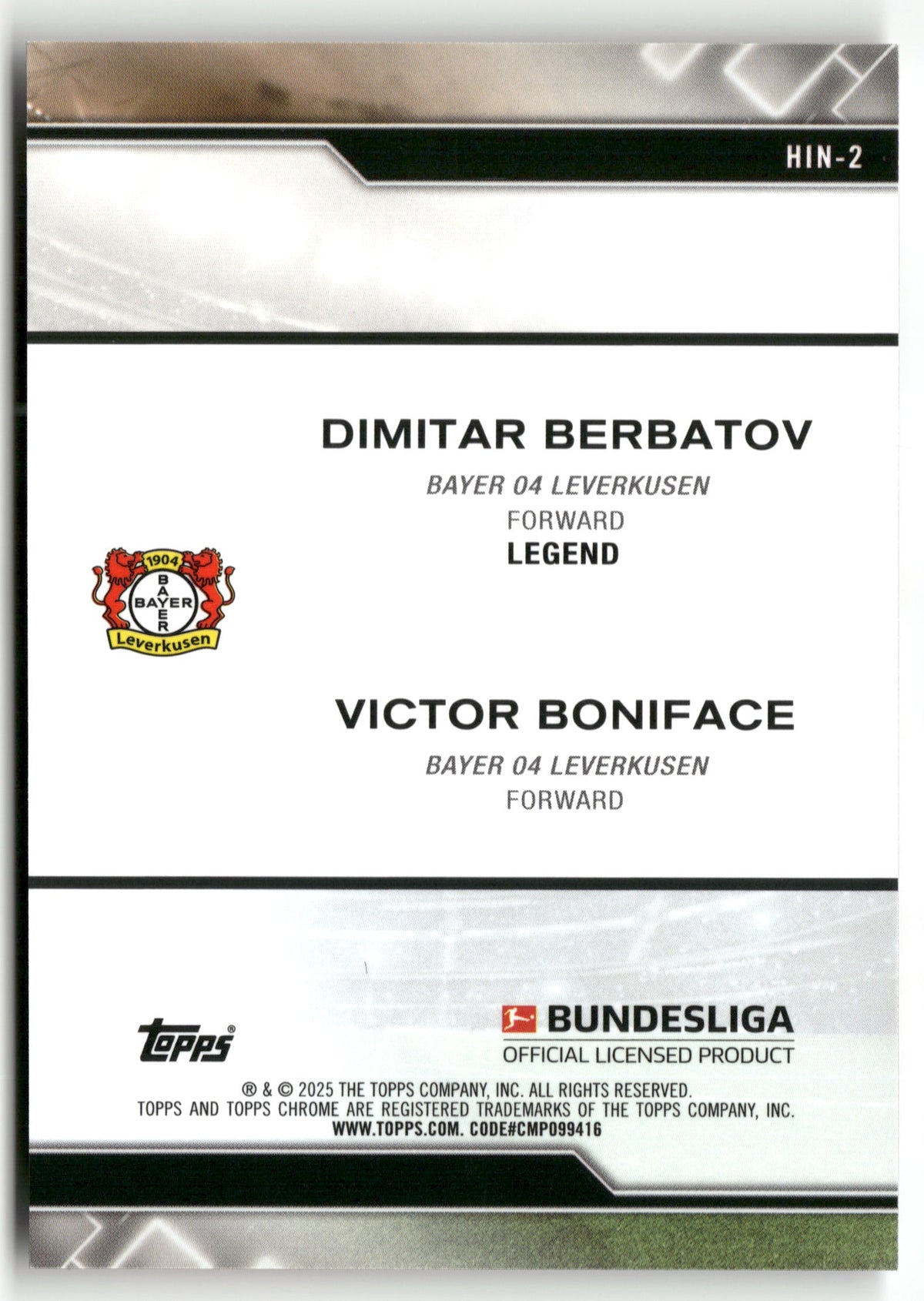 Fußball Dimitar Berbatov / Victor Boniface Topps Chrome Bundesliga 2025 #HIN-2 Bayer 04 Leverkusen Trading Card Original