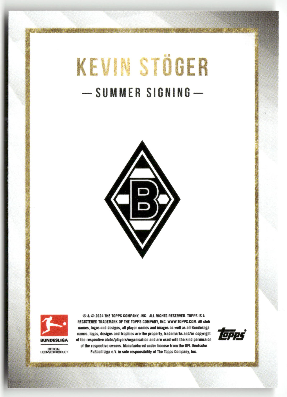 Fußball Kevin Stöger 2024 Topps Bundesliga Summer Signing Borussia Mönchengladbach Trading Card Original