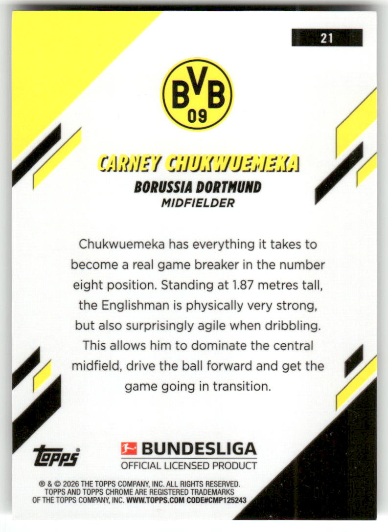 Fußball Carney Chukwuemeka 2025-26 Topps Chrome Bundesliga #21 Borussia Dortmund Trading Card Original