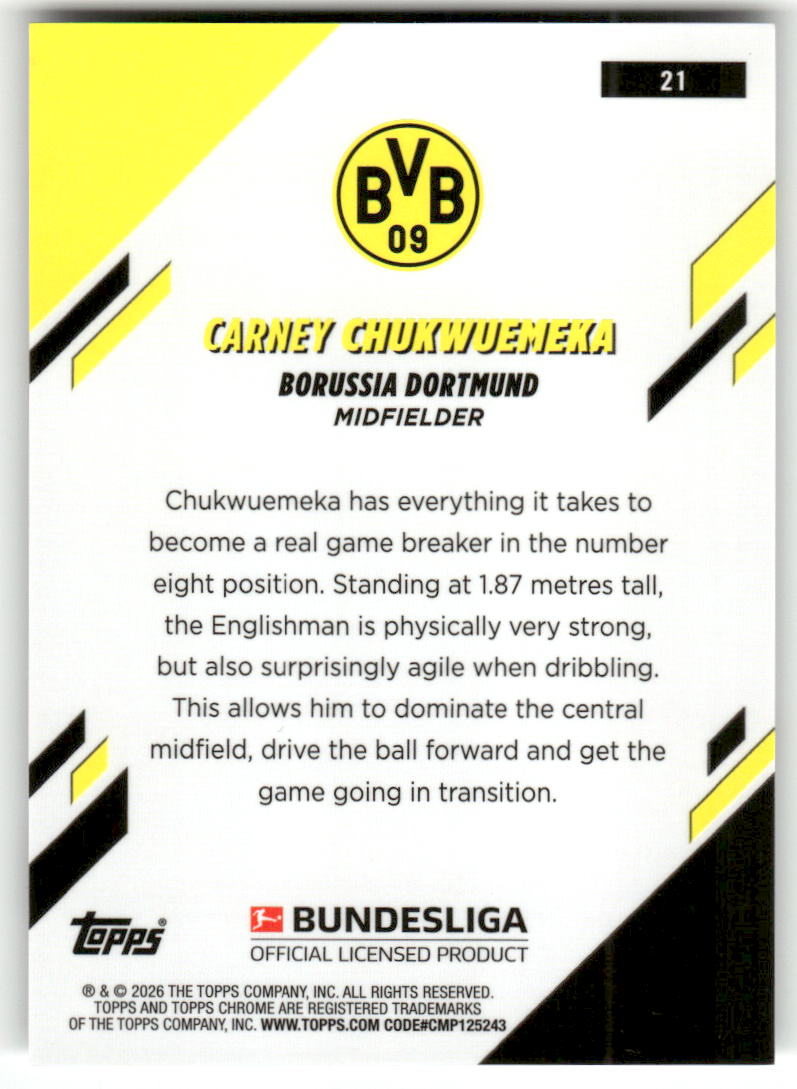 Fußball Carney Chukwuemeka 2025-26 Topps Chrome Bundesliga #21 Borussia Dortmund Trading Card Original